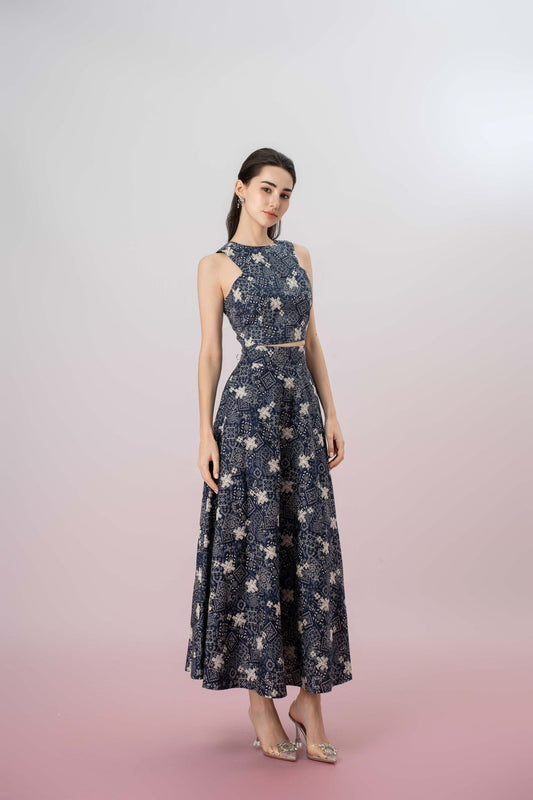 Geah White Print In Navy A - Line Skirt - Nimisski