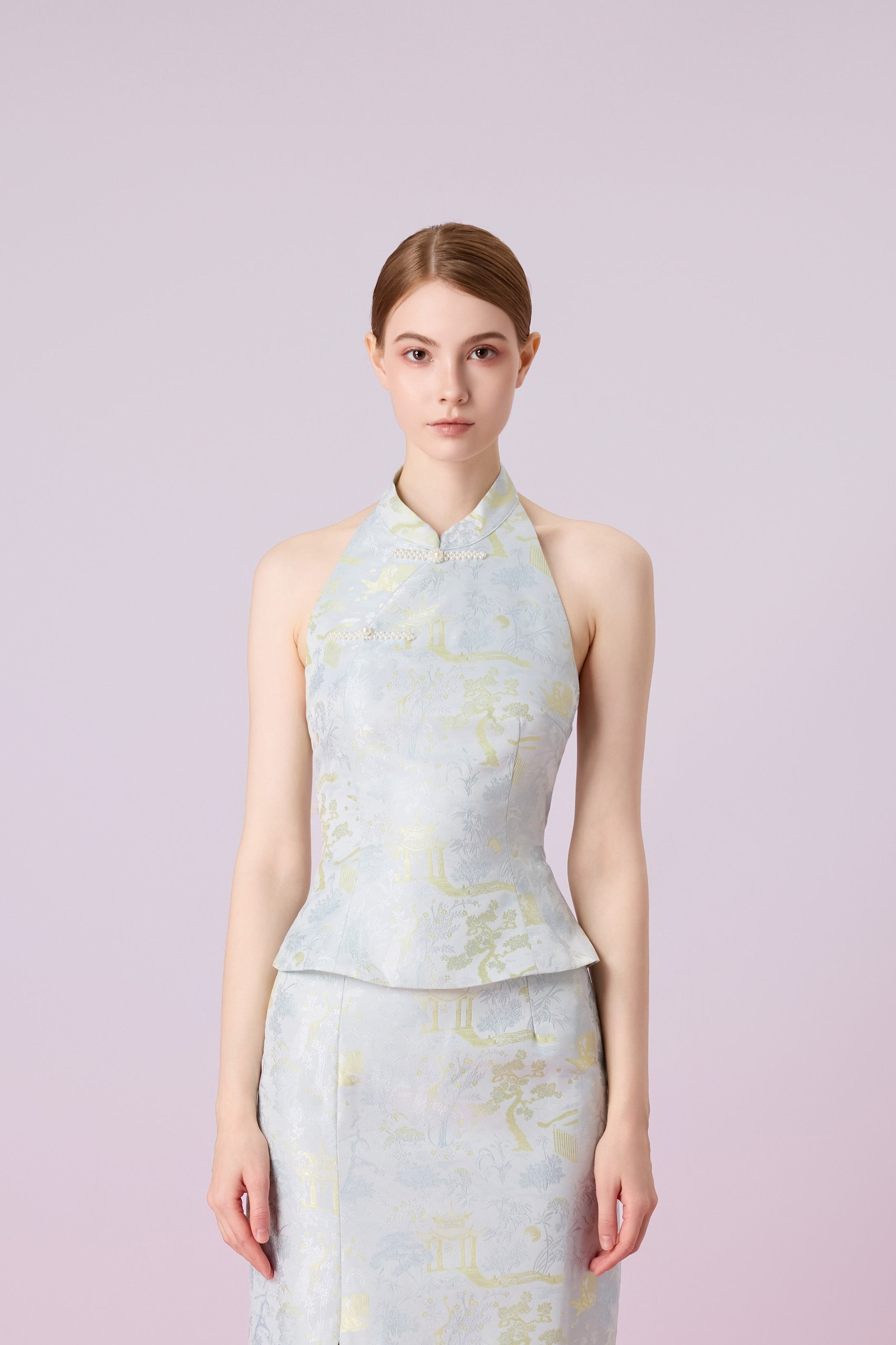 Jineeva Green Sleeveless Cheongsam Top
