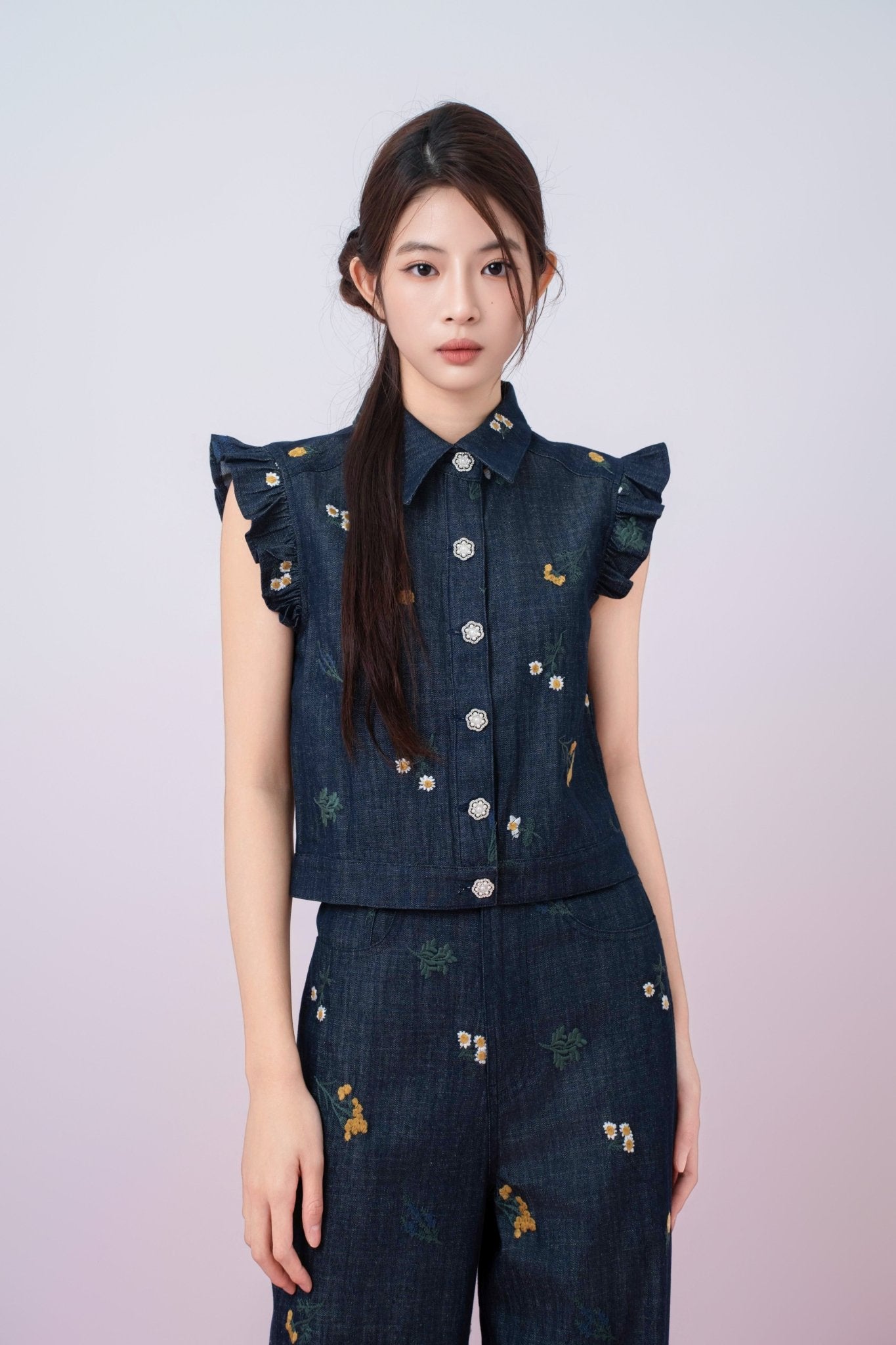 Geerda Floral Embroidery Dark Blue Denim Top - Nimisski