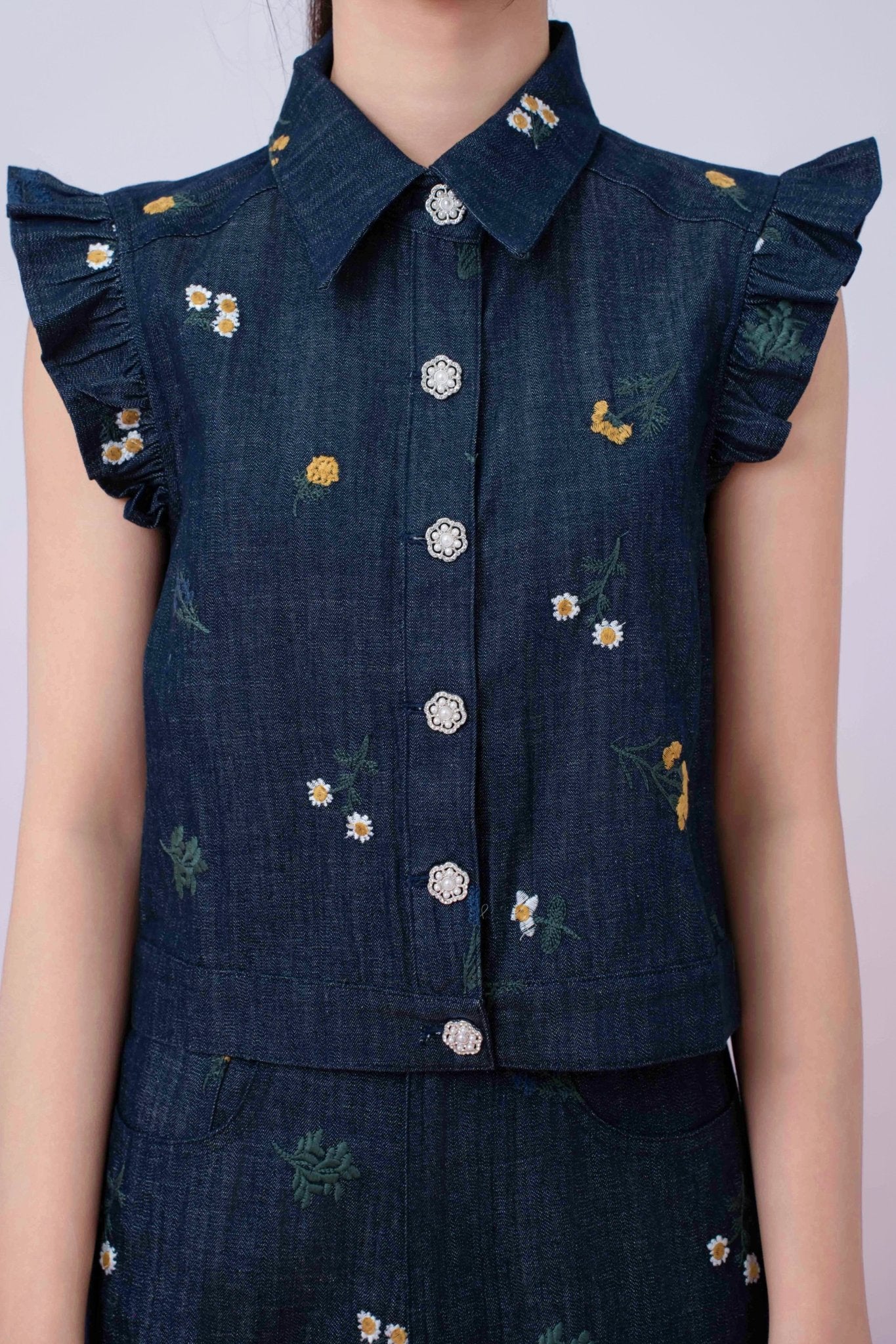 Geerda Floral Embroidery Dark Blue Denim Top - Nimisski