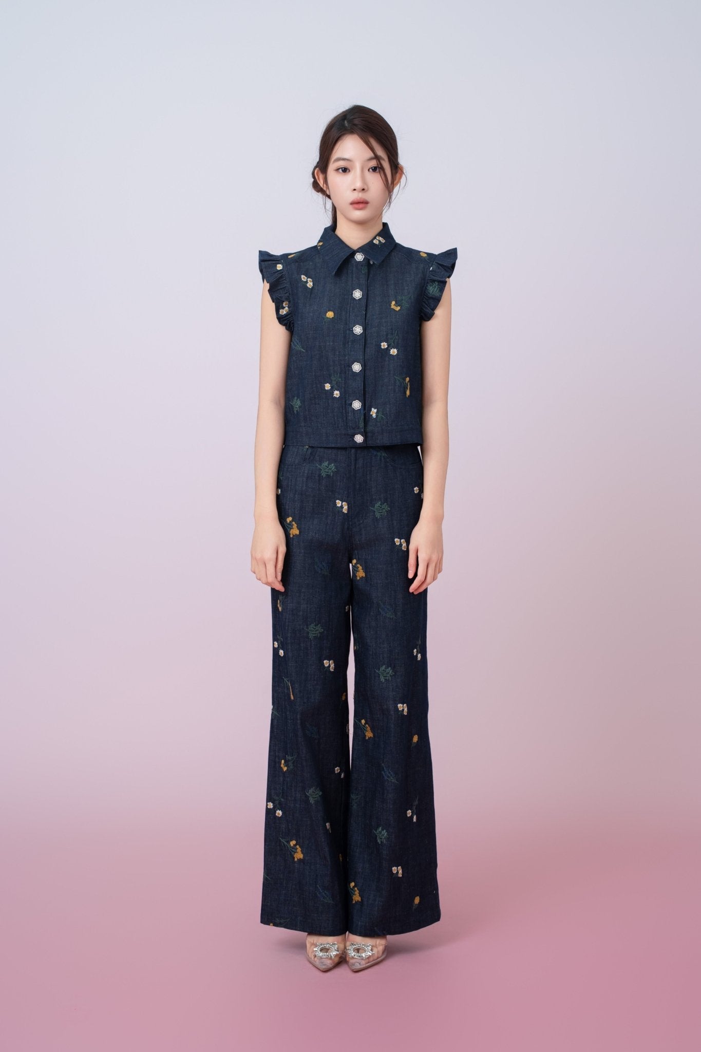 Geerda Floral Embroidery Dark Blue Denim Jeans - Nimisski