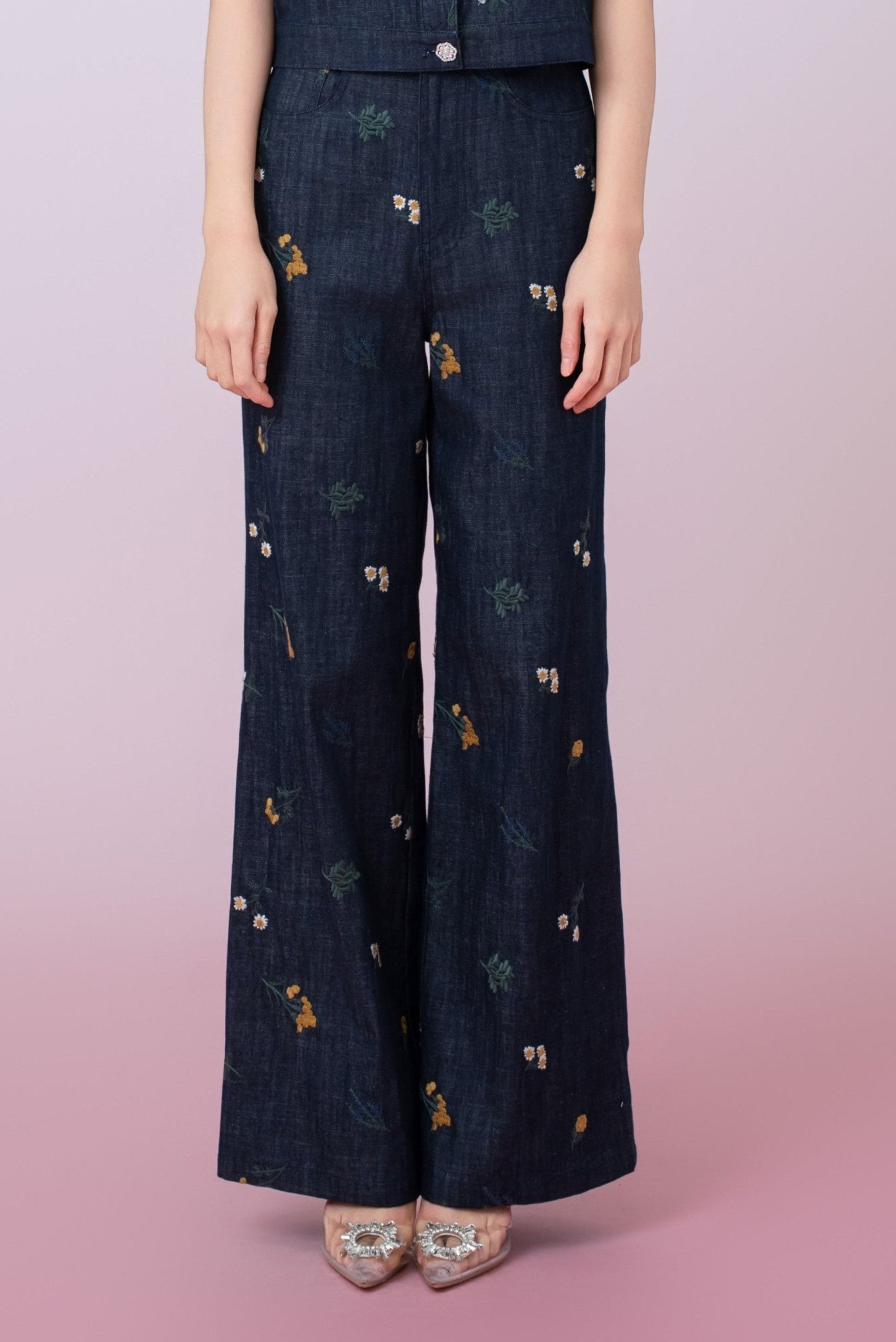 Geerda Floral Embroidery Dark Blue Denim Jeans - Nimisski