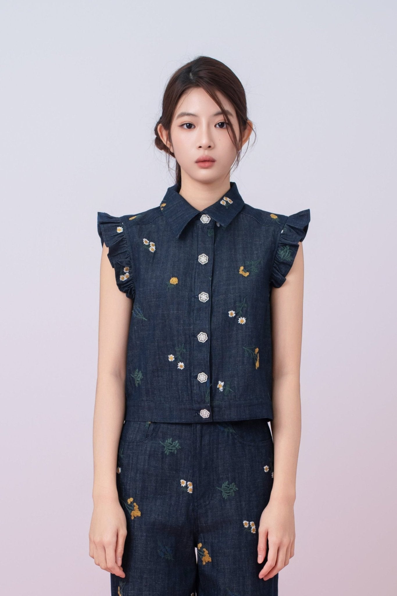 Geerda Floral Embroidery Dark Blue Denim Top - Nimisski