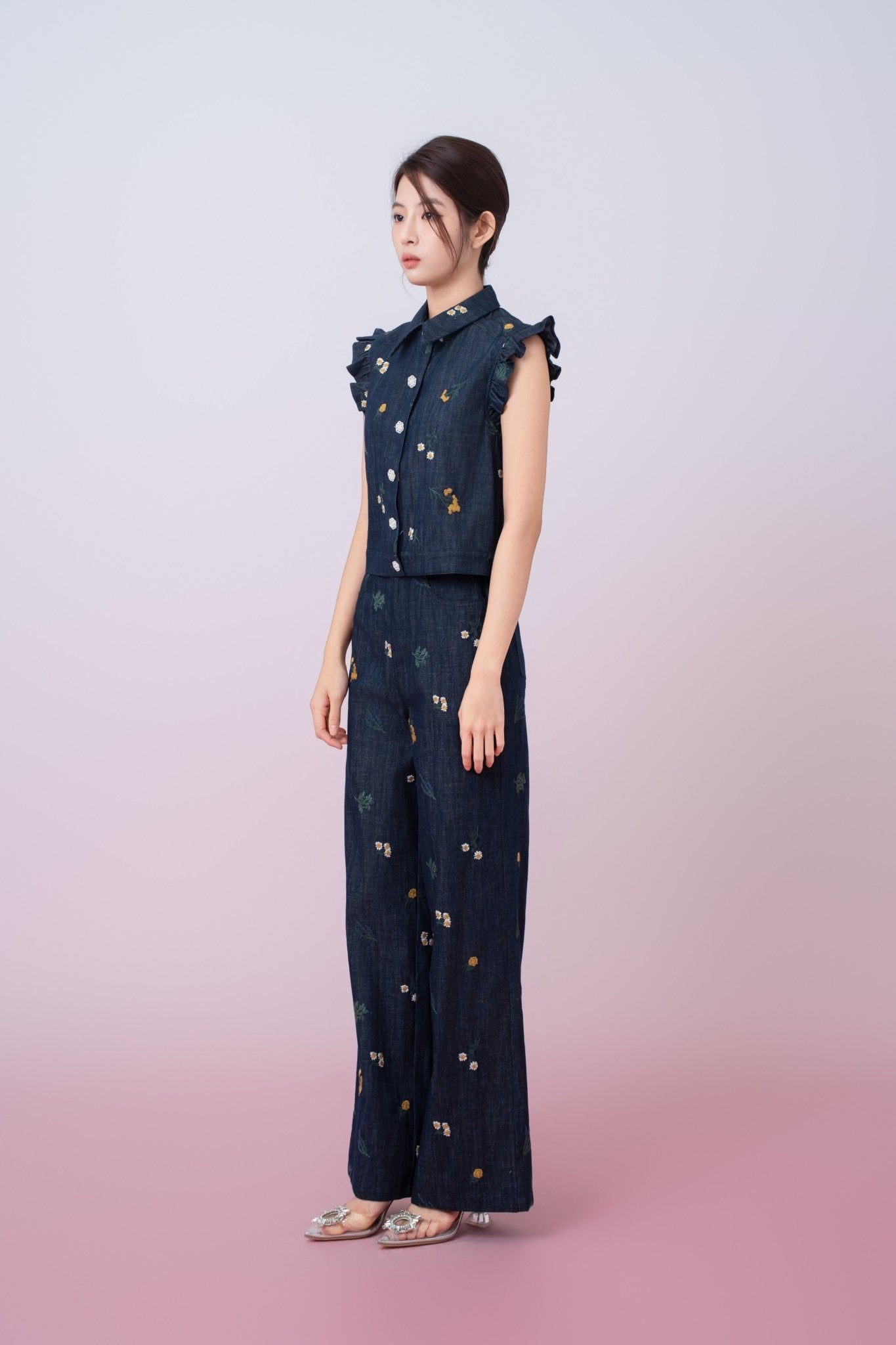 Geerda Floral Embroidery Dark Blue Denim Top - Nimisski
