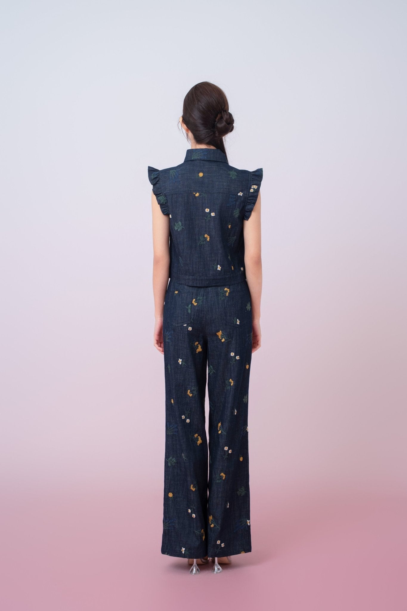 Geerda Floral Embroidery Dark Blue Denim Top - Nimisski