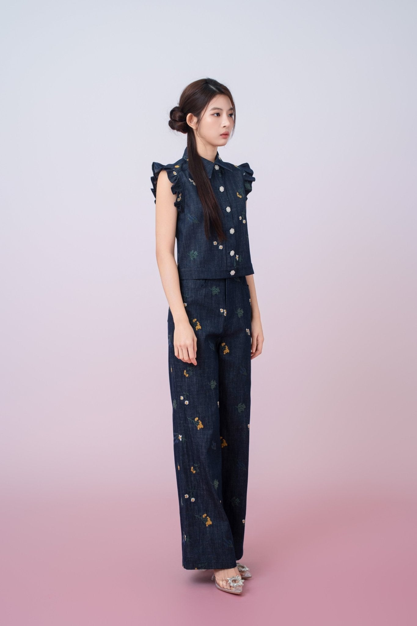 Geerda Floral Embroidery Dark Blue Denim Top - Nimisski