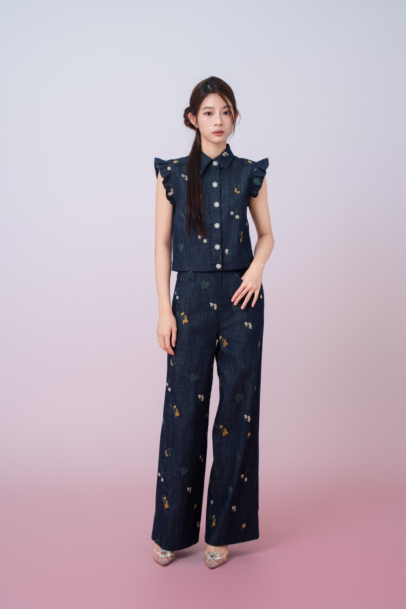 Geerda Floral Embroidery Dark Blue Denim Jeans - Nimisski