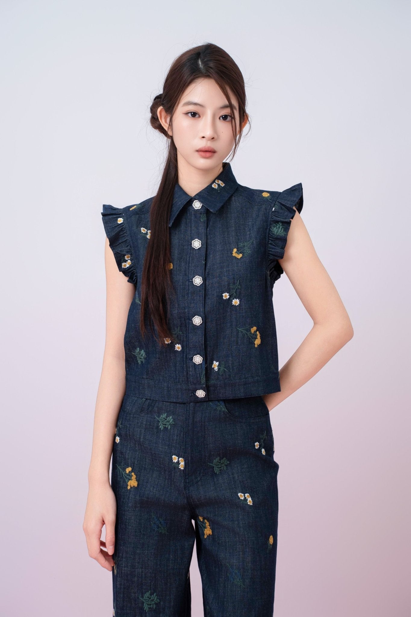 Geerda Floral Embroidery Dark Blue Denim Top - Nimisski