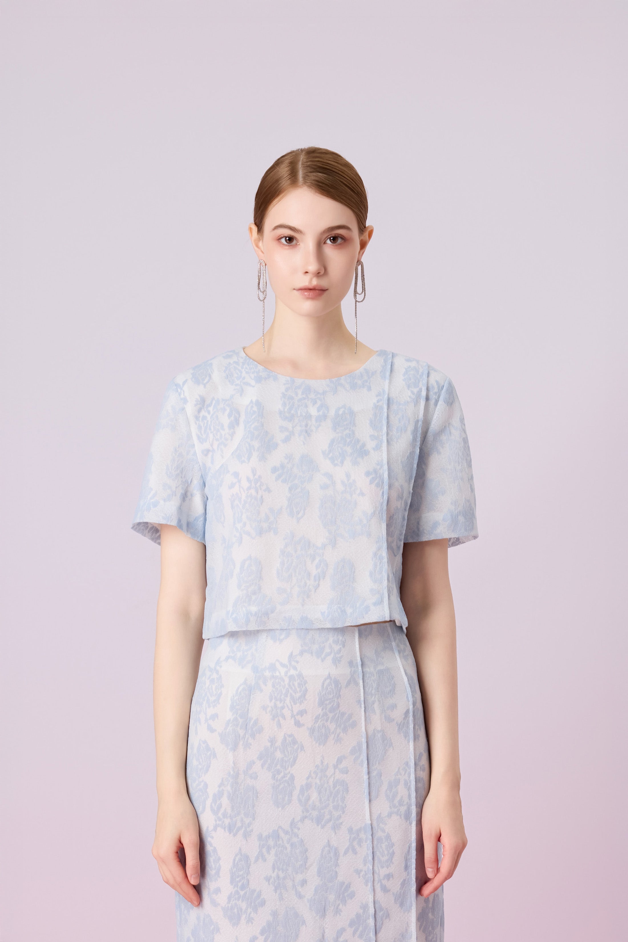 Gaylla Light Blue Rose Print Short Sleeve Top