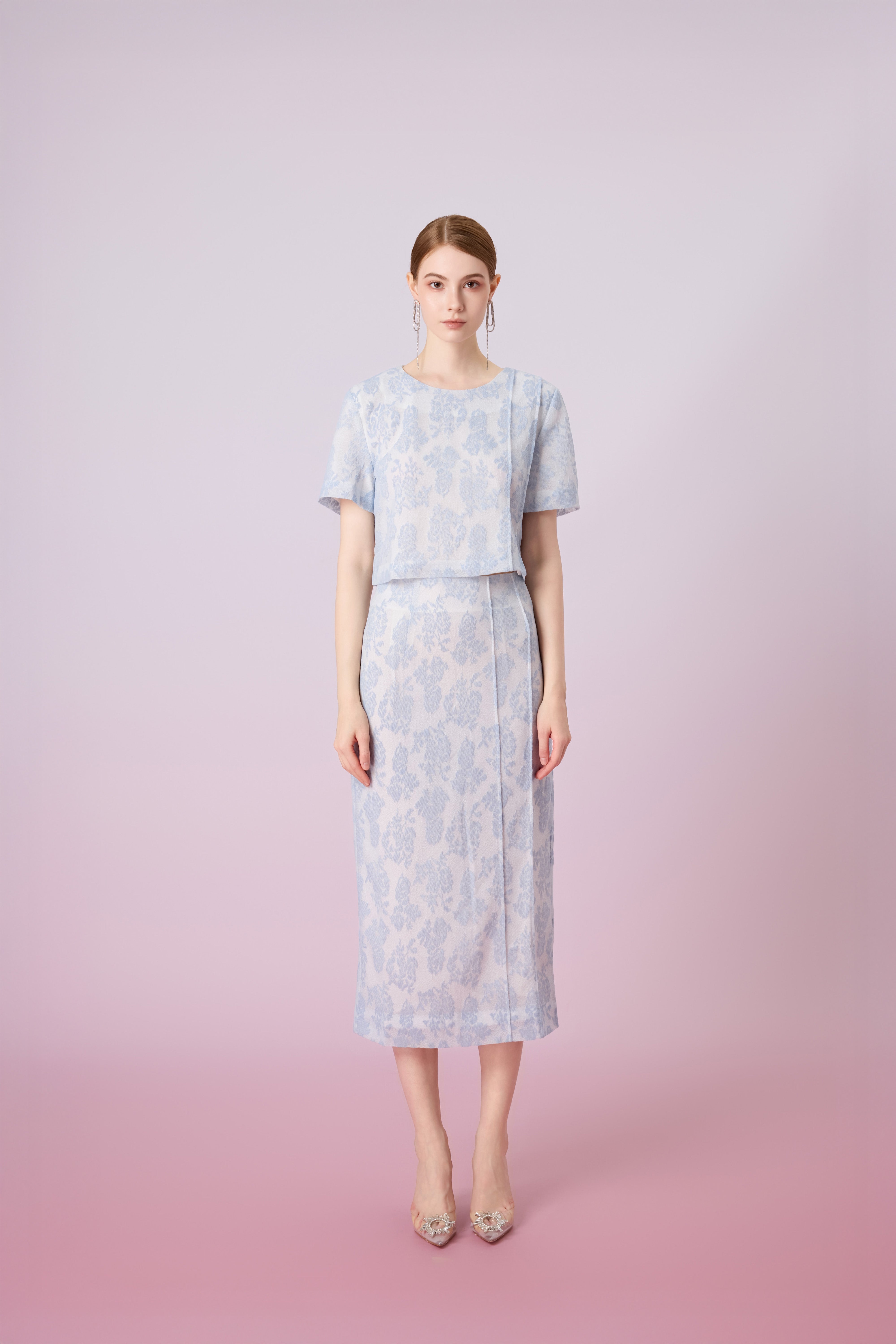 Gaylla Light Blue Rose Print Pencil Skirt