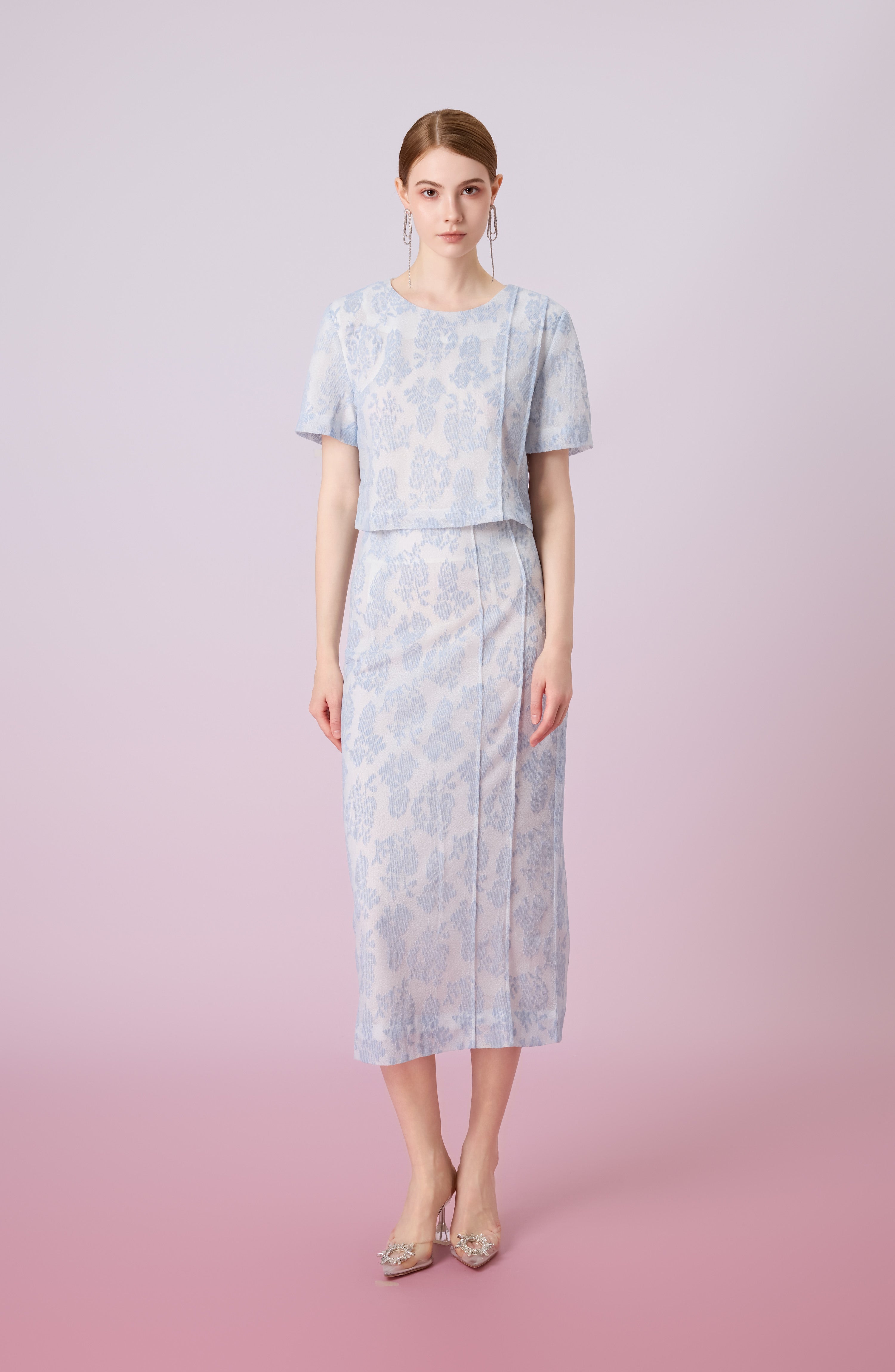 Gaylla Light Blue Rose Print Pencil Skirt