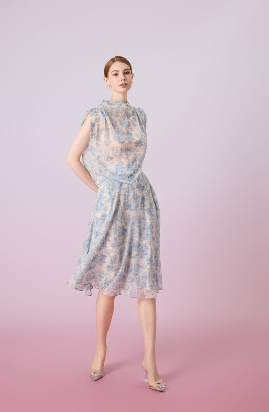 Jacalin Blue Botanical Print In White A - Line Skirt - Nimisski