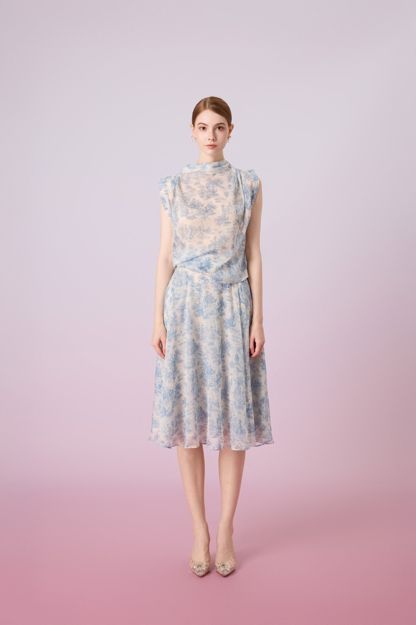 Jacalin Blue Botanical Print In White A - Line Skirt - Nimisski