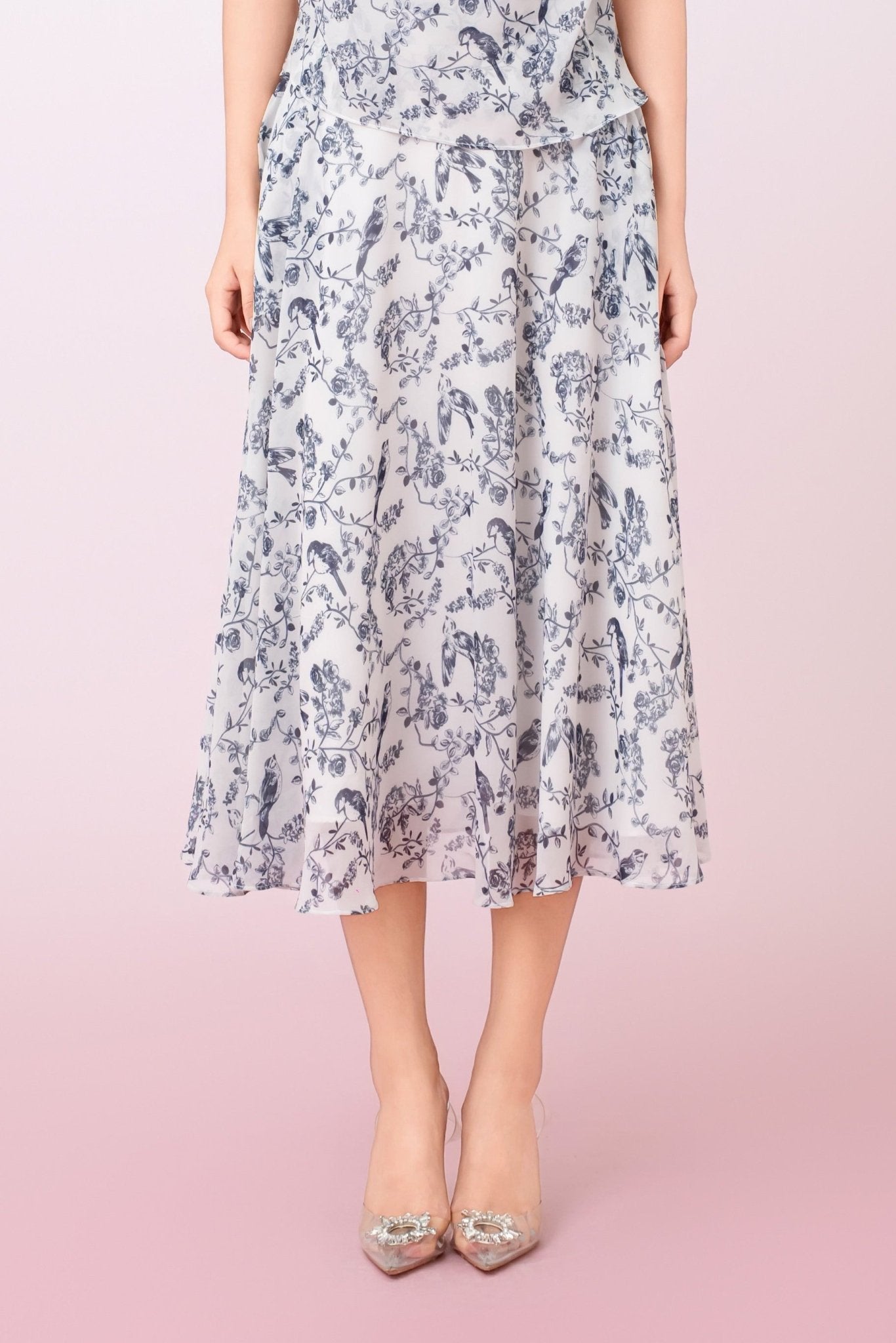 Jacalin Blue Birds Print In Dove White A - Line Skirt - Nimisski