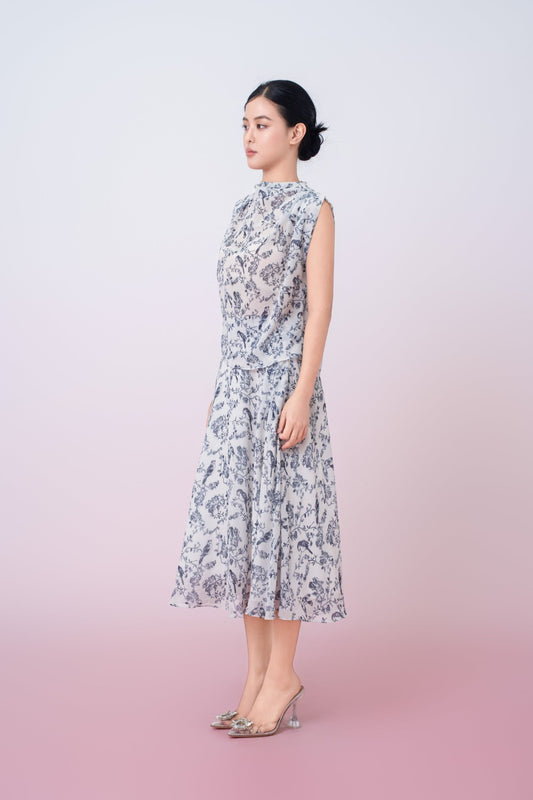 Jacalin Blue Birds Print In Dove White A - Line Skirt - Nimisski