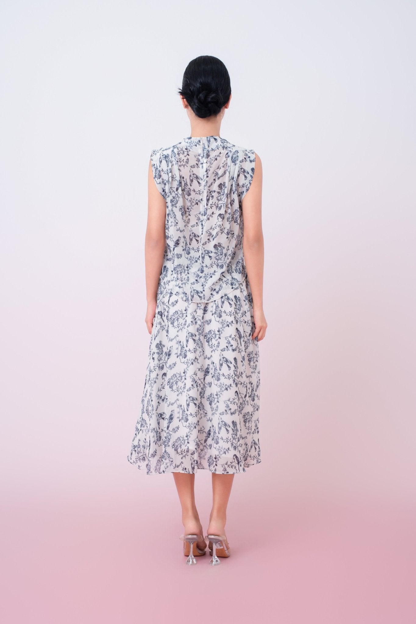 Jacalin Blue Birds Print In Dove White A - Line Skirt - Nimisski