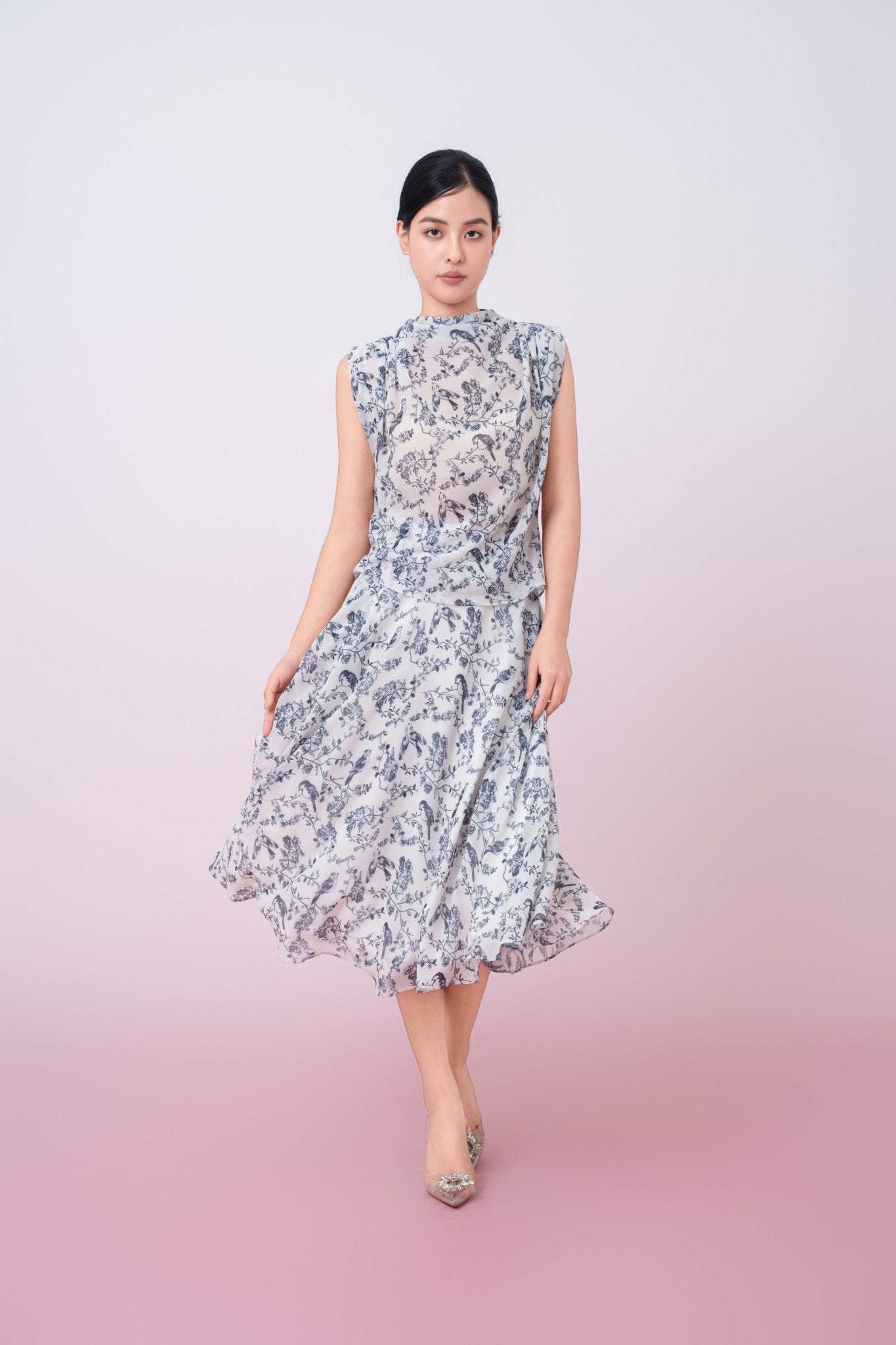 Jacalin Blue Birds Print In Dove White A - Line Skirt - Nimisski