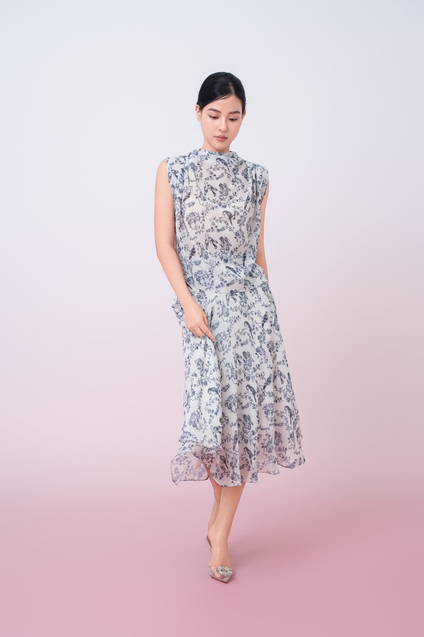 Jacalin Blue Birds Print In Dove White A - Line Skirt - Nimisski