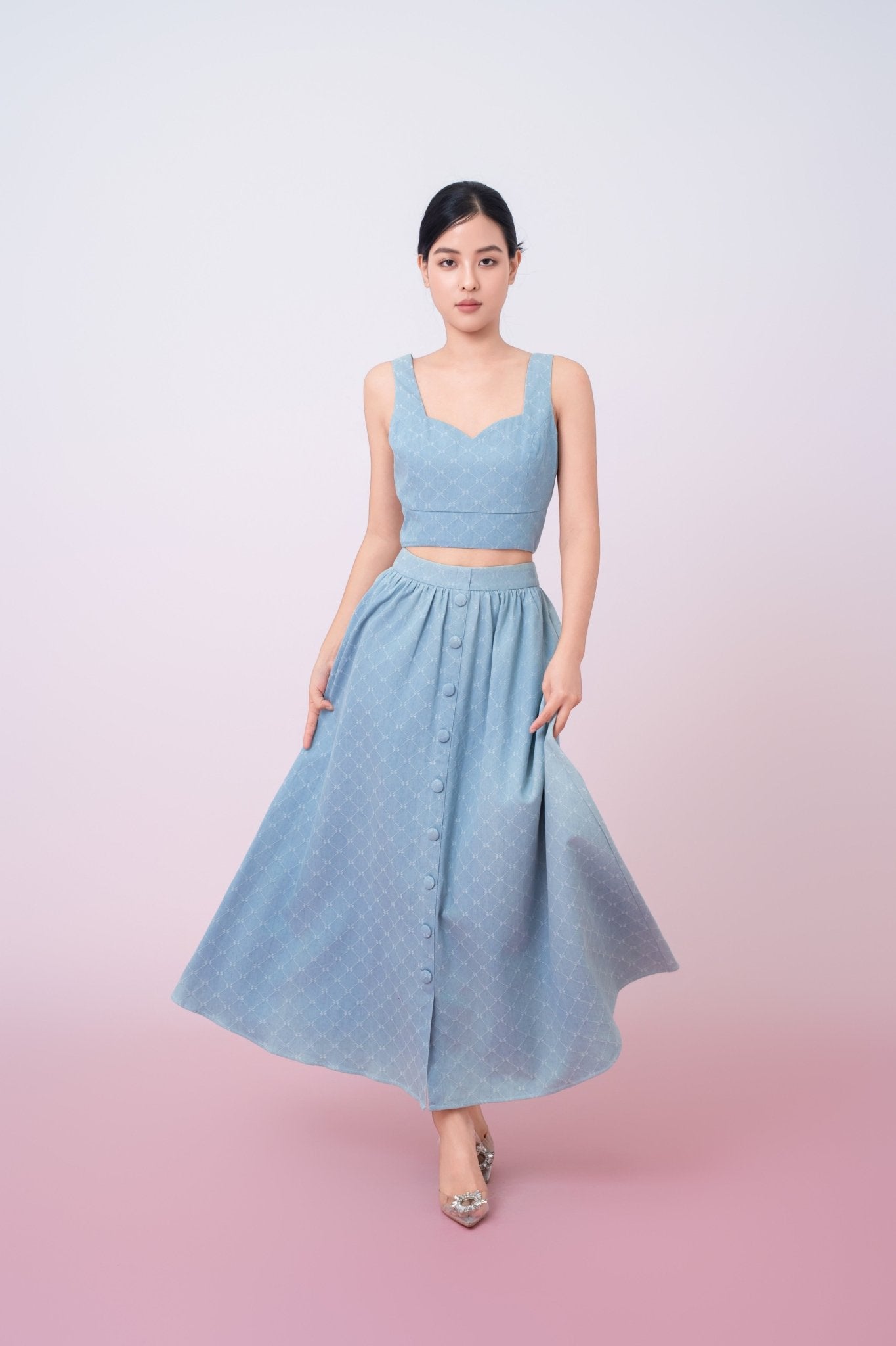 Joellen Blue Button - Front A - Line Skirt - Nimisski
