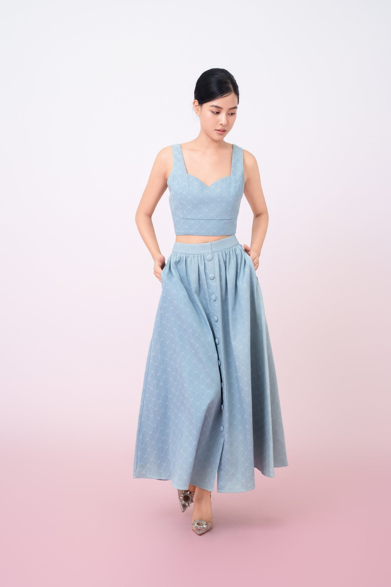Joellen Blue Button - Front A - Line Skirt - Nimisski