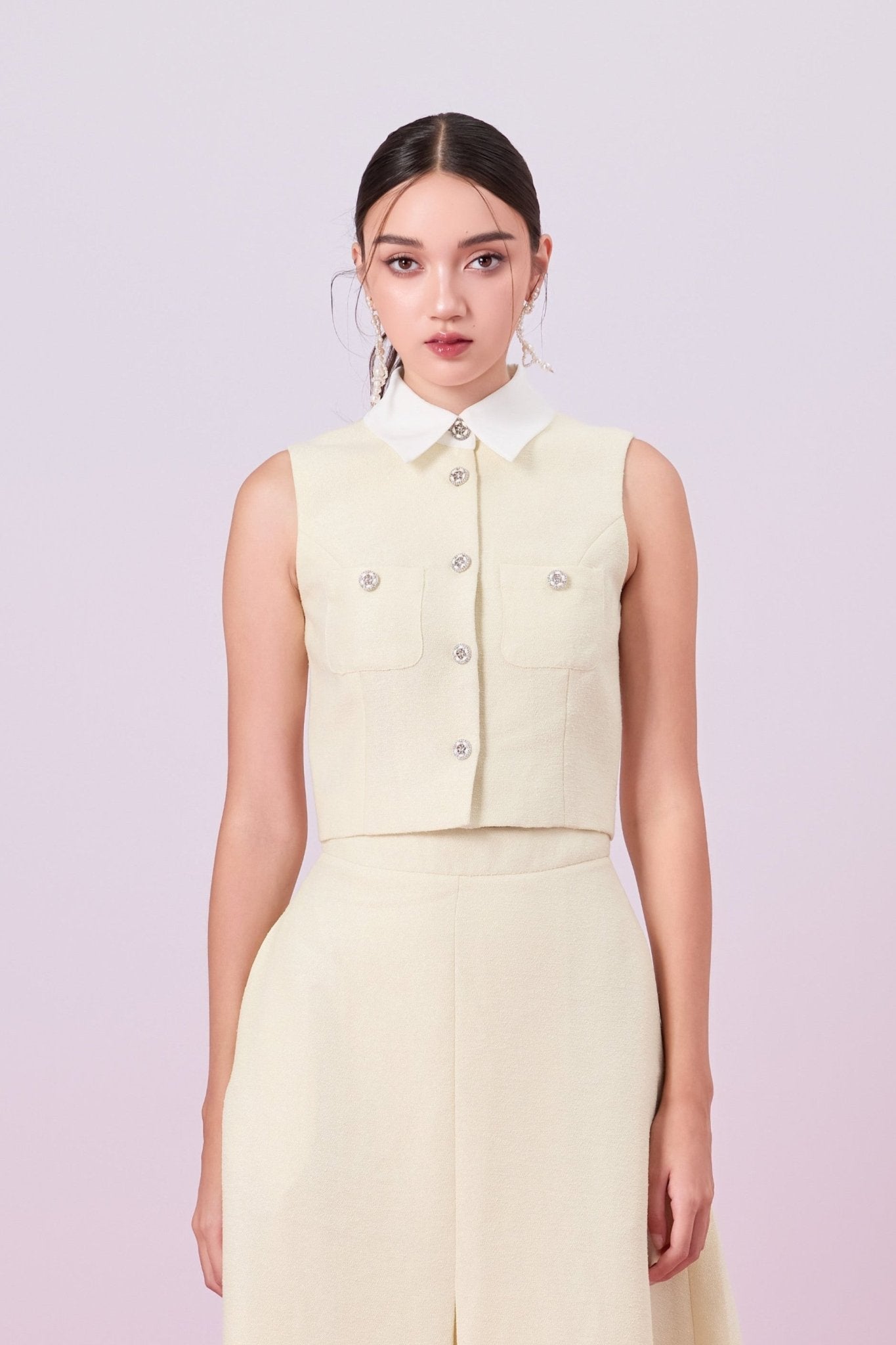 Gahl Pale Yellow Tweed Collar Sleeveless Top - Nimisski