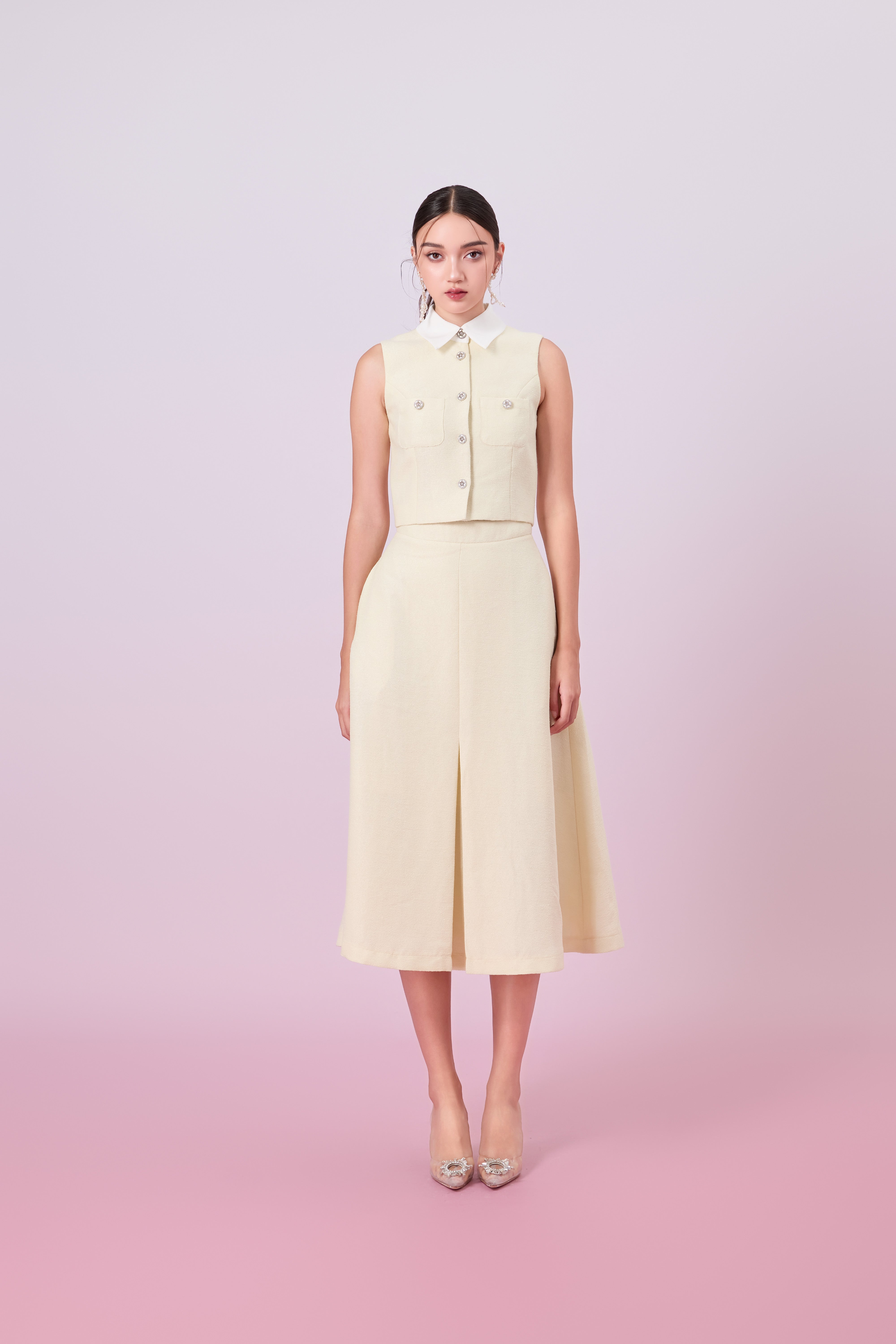 Gahl Pale Yellow Tweed Long Skirt