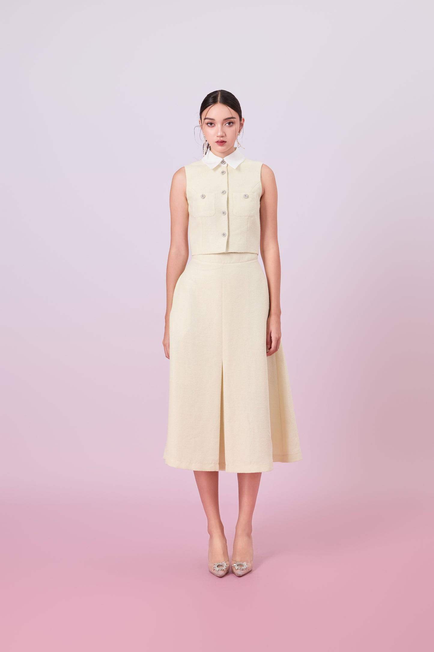 Gahl Pale Yellow Tweed Long Skirt