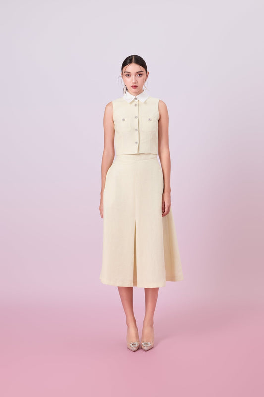 Gahl Pale Yellow Tweed Collar Sleeveless Top - Nimisski