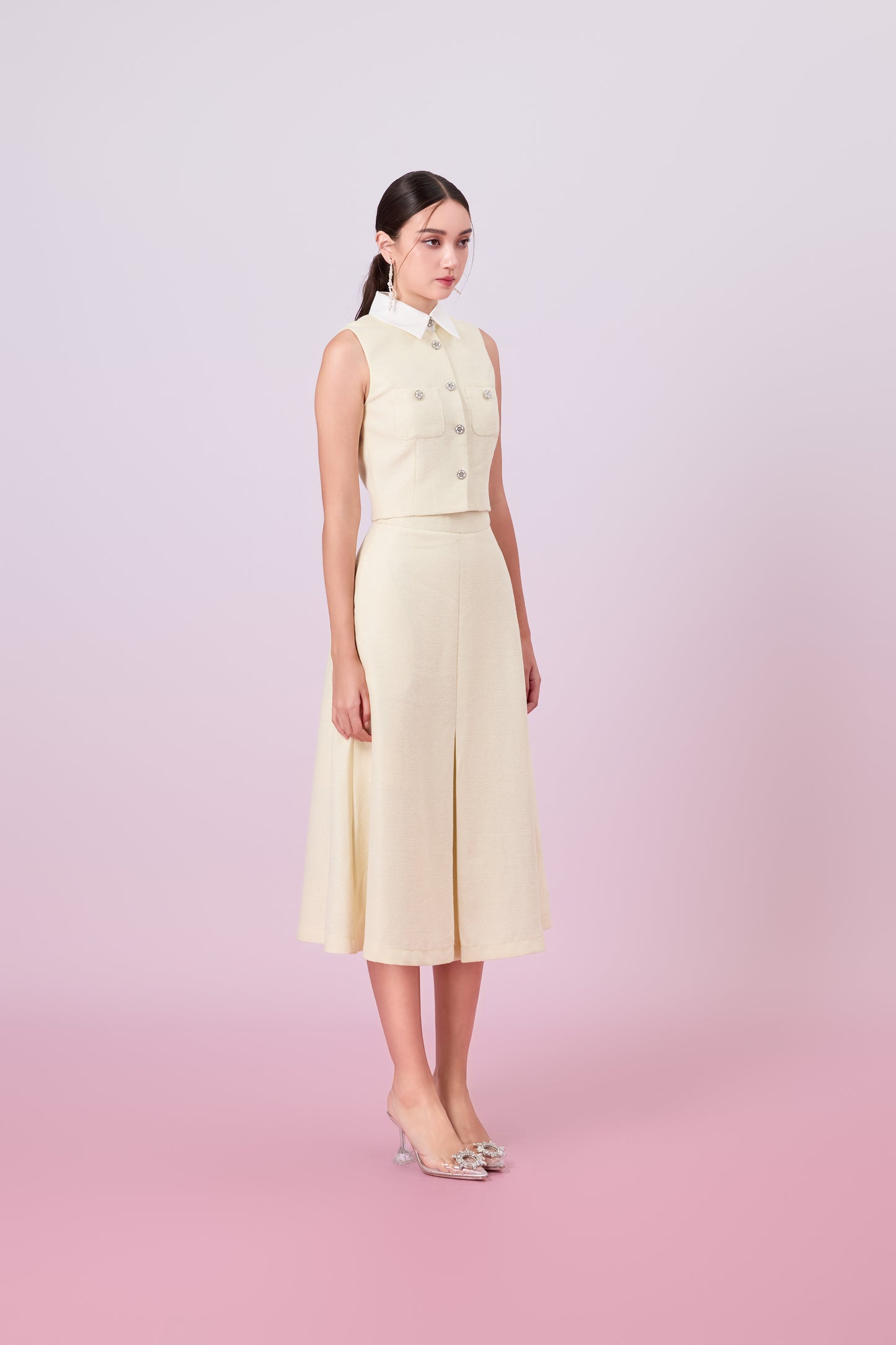 Gahl Pale Yellow Tweed Long Skirt