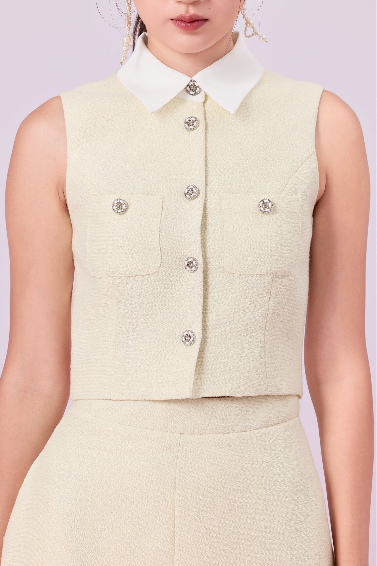 Gahl Pale Yellow Tweed Collar Sleeveless Top