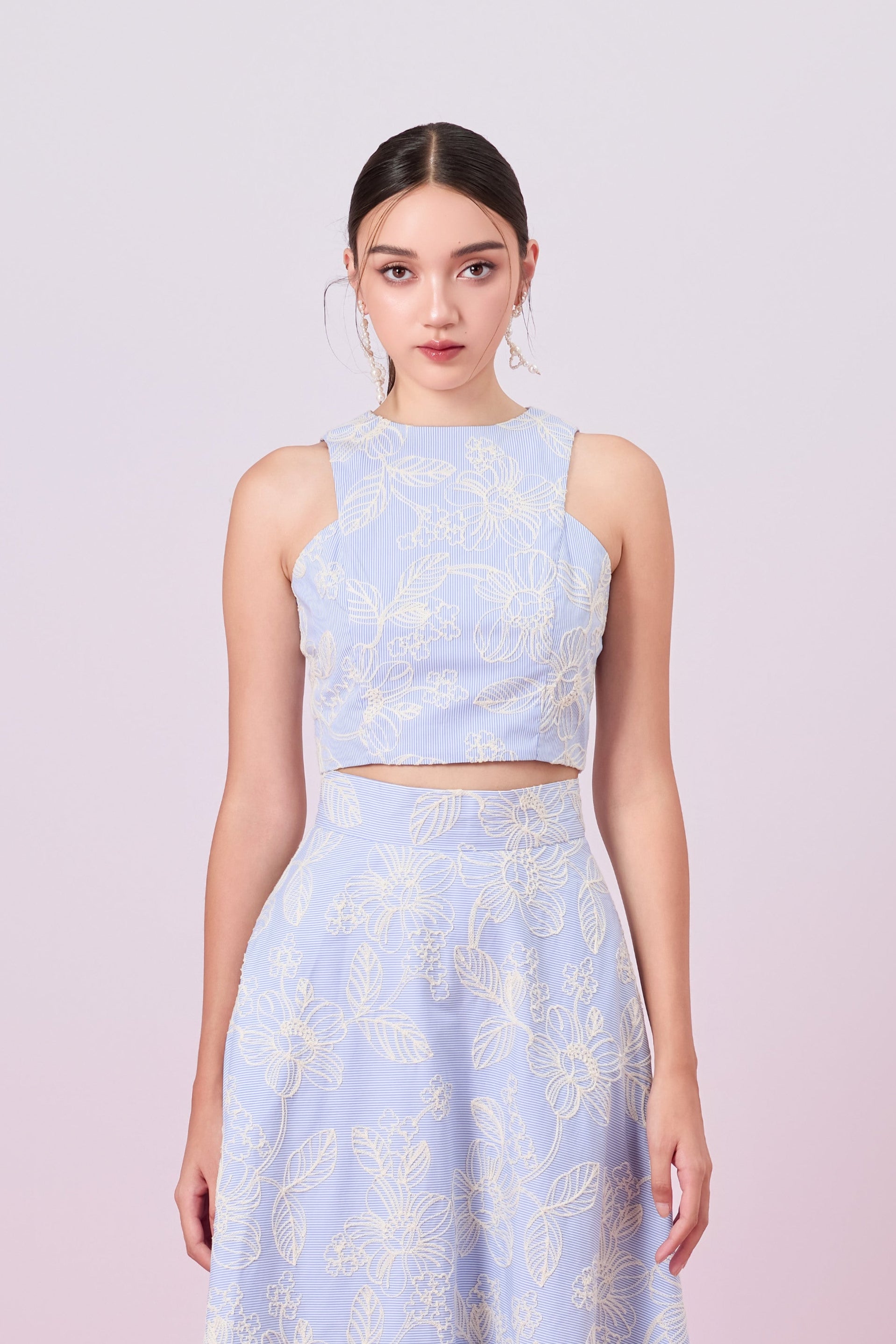 Geah Cream Floral Embroidery In Light Blue Sleeveless Top