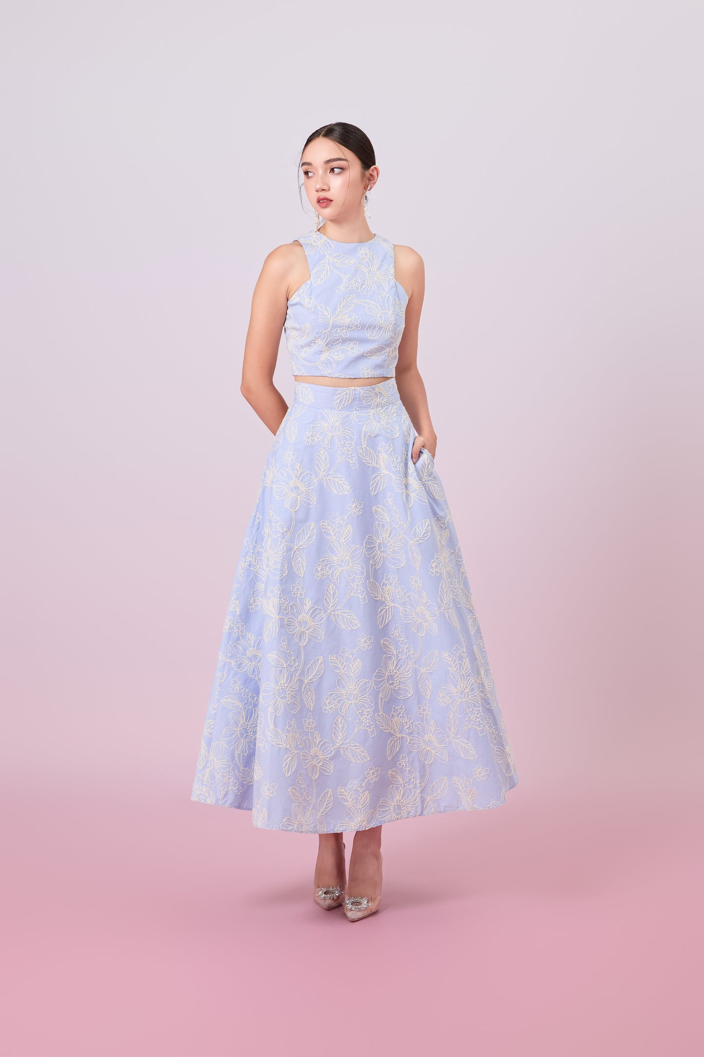 Geah Cream Floral Embroidery In Light Blue A-Line Skirt