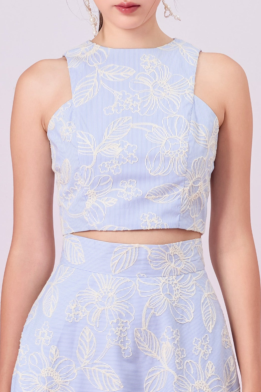 Geah Cream Floral Embroidery In Light Blue Sleeveless Top