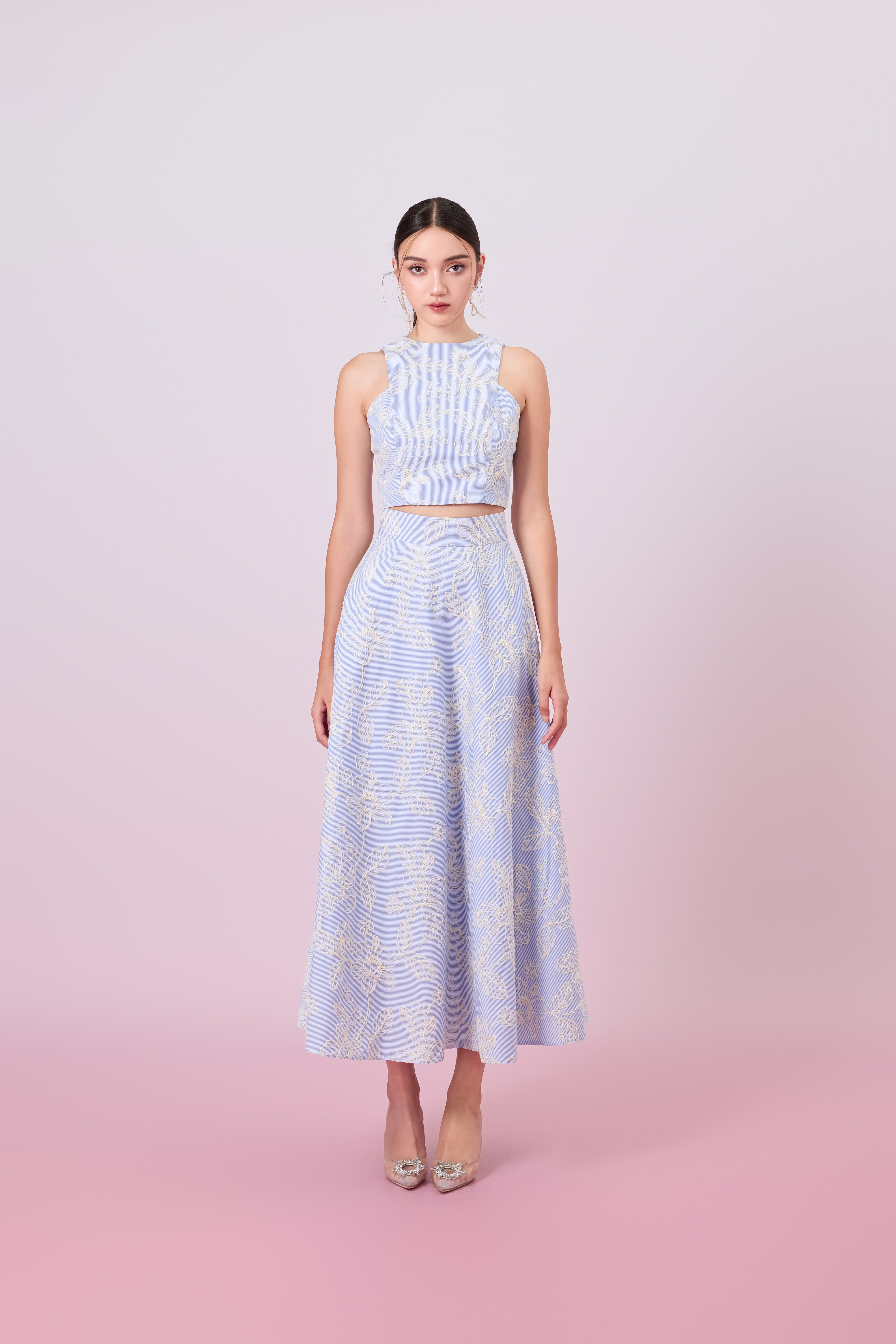 Geah Cream Floral Embroidery In Light Blue A-Line Skirt