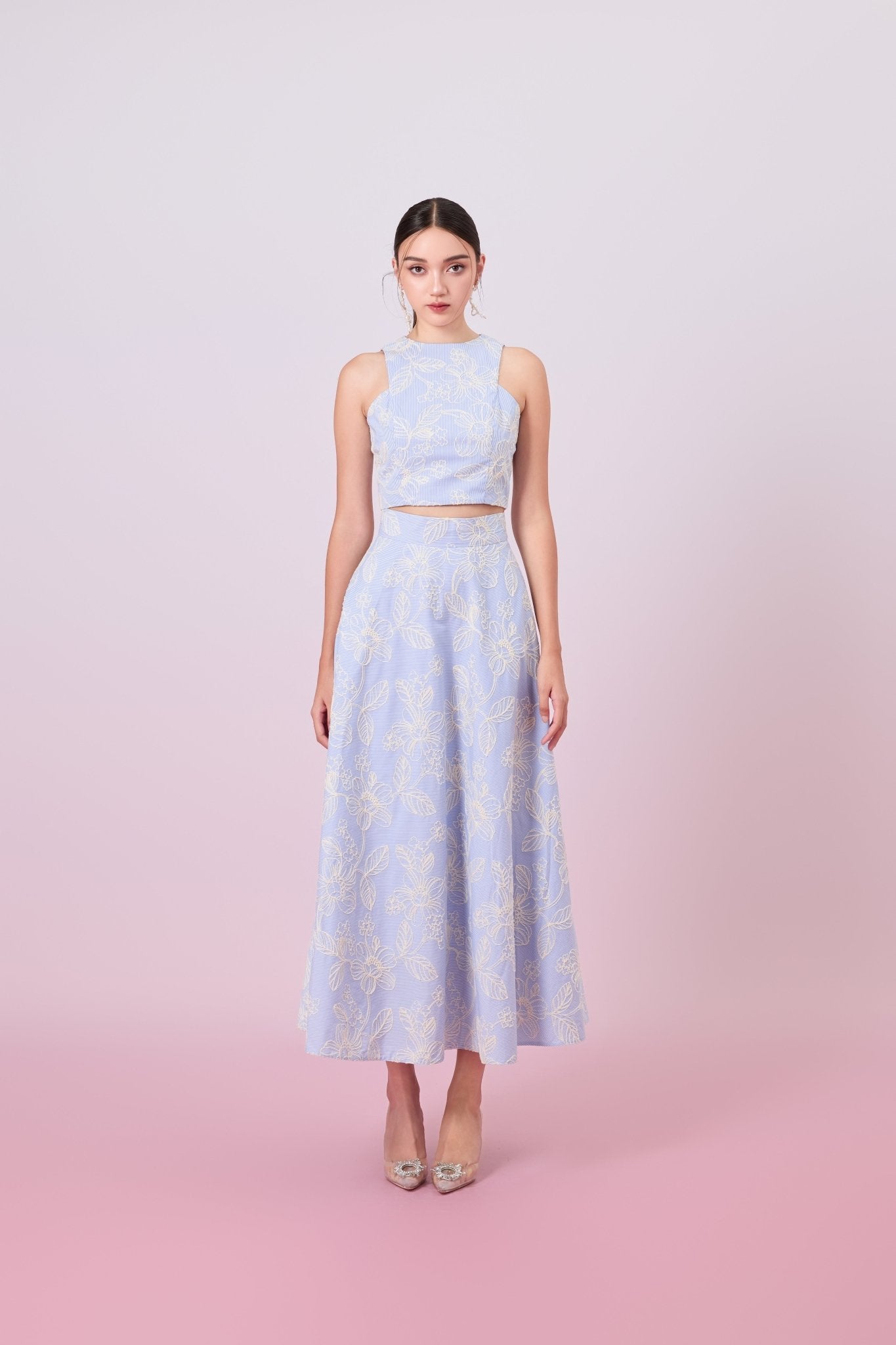 Geah Cream Floral Embroidery In Light Blue A - Line Skirt - Nimisski