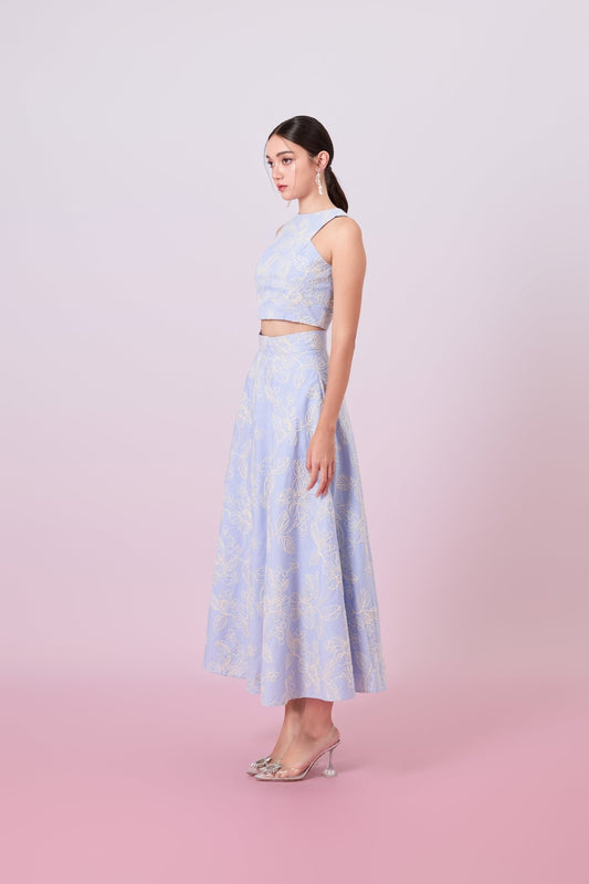 Geah Cream Floral Embroidery In Light Blue A - Line Skirt - Nimisski