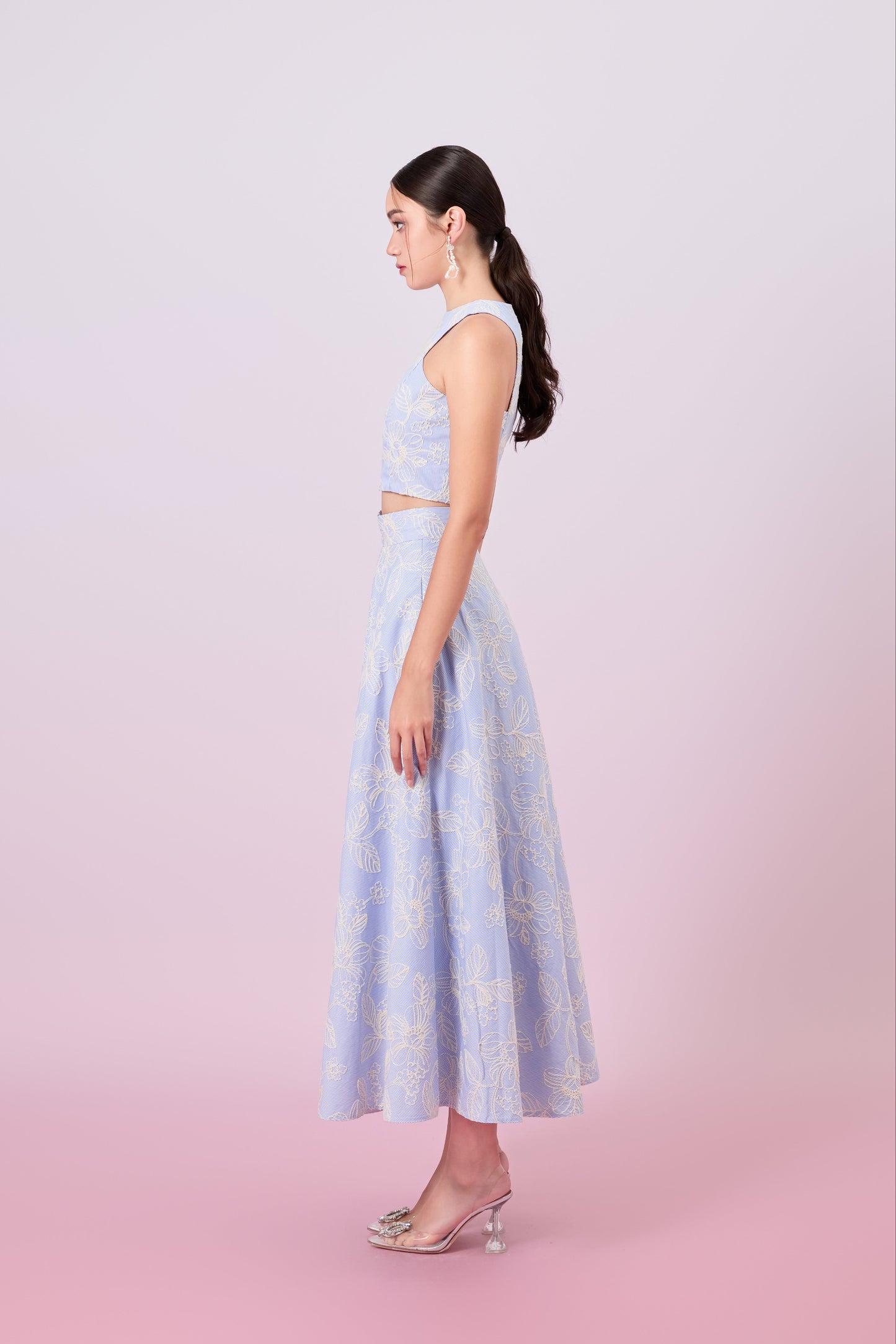 Geah Cream Floral Embroidery In Light Blue A-Line Skirt