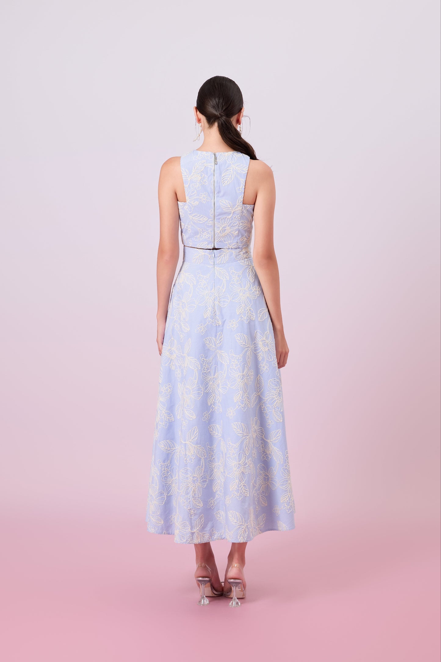 Geah Cream Floral Embroidery In Light Blue A-Line Skirt