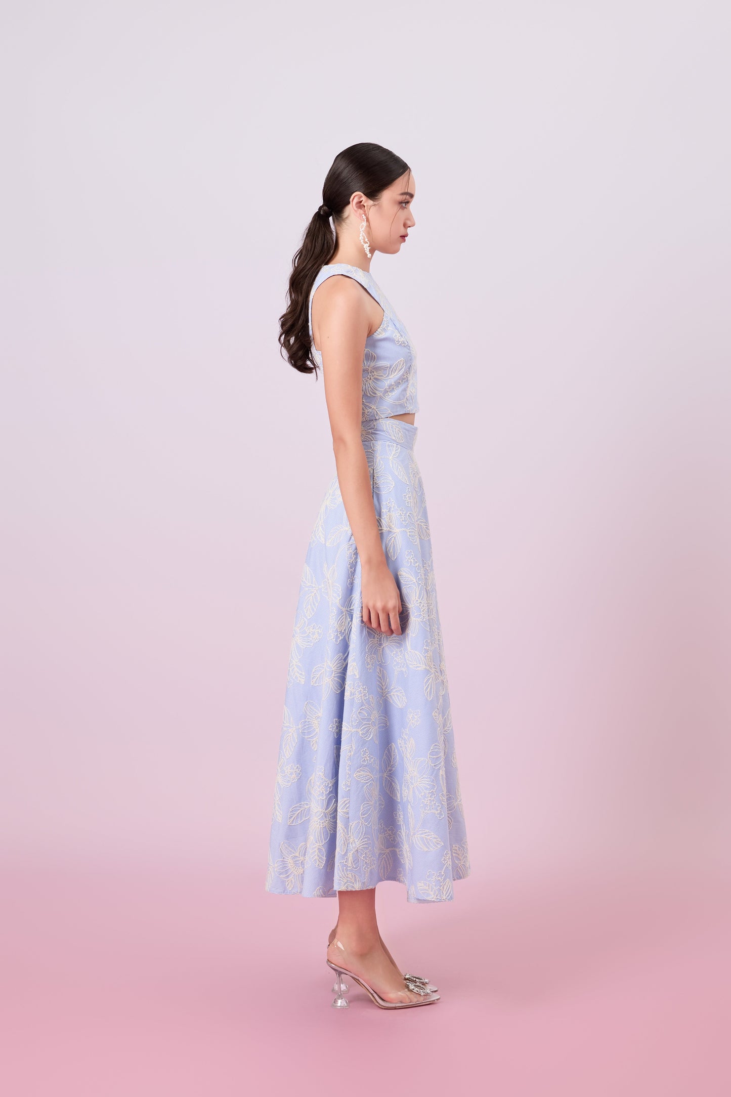 Geah Cream Floral Embroidery In Light Blue A-Line Skirt