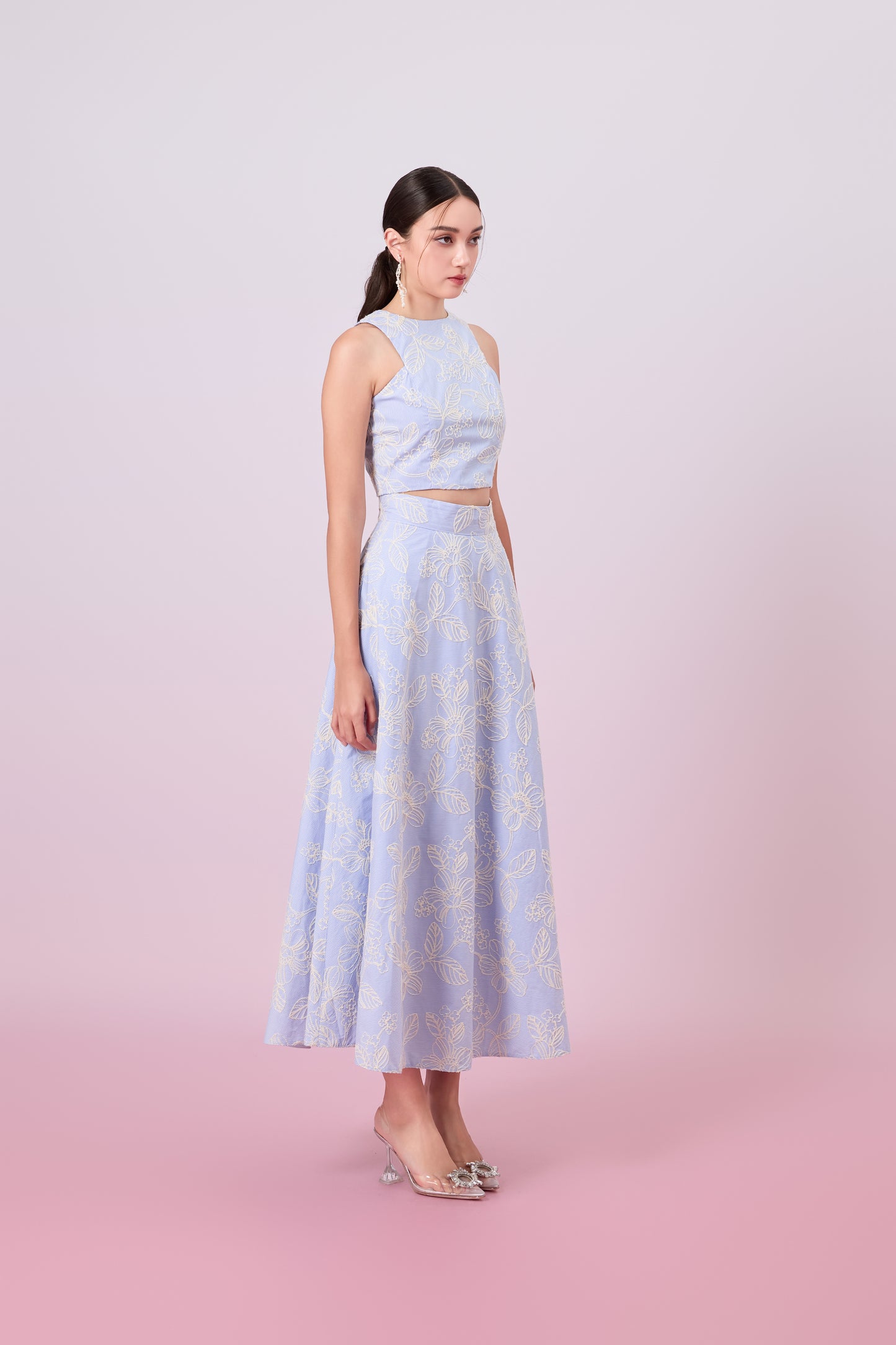 Geah Cream Floral Embroidery In Light Blue A-Line Skirt