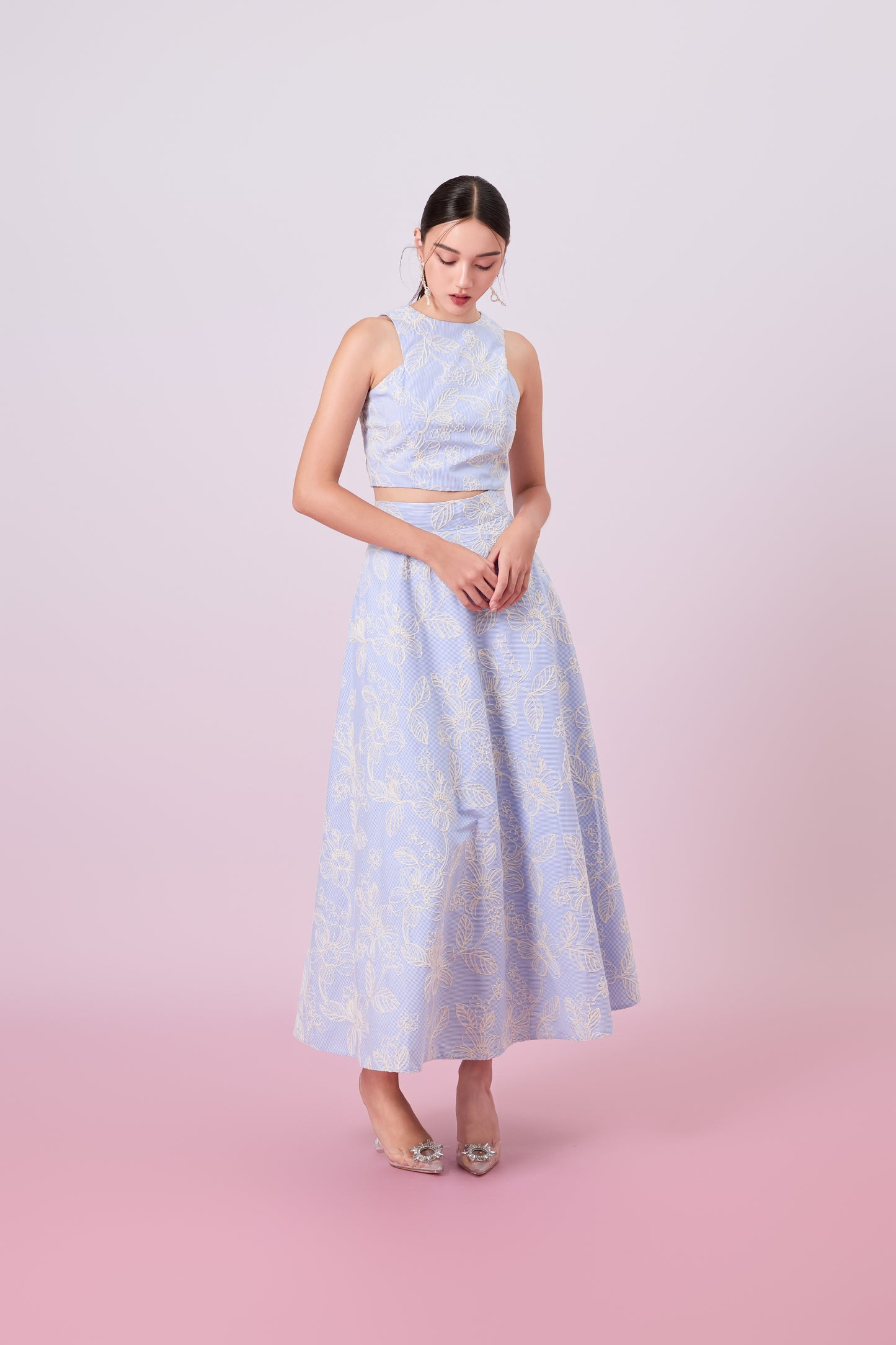 Geah Cream Floral Embroidery In Light Blue A-Line Skirt