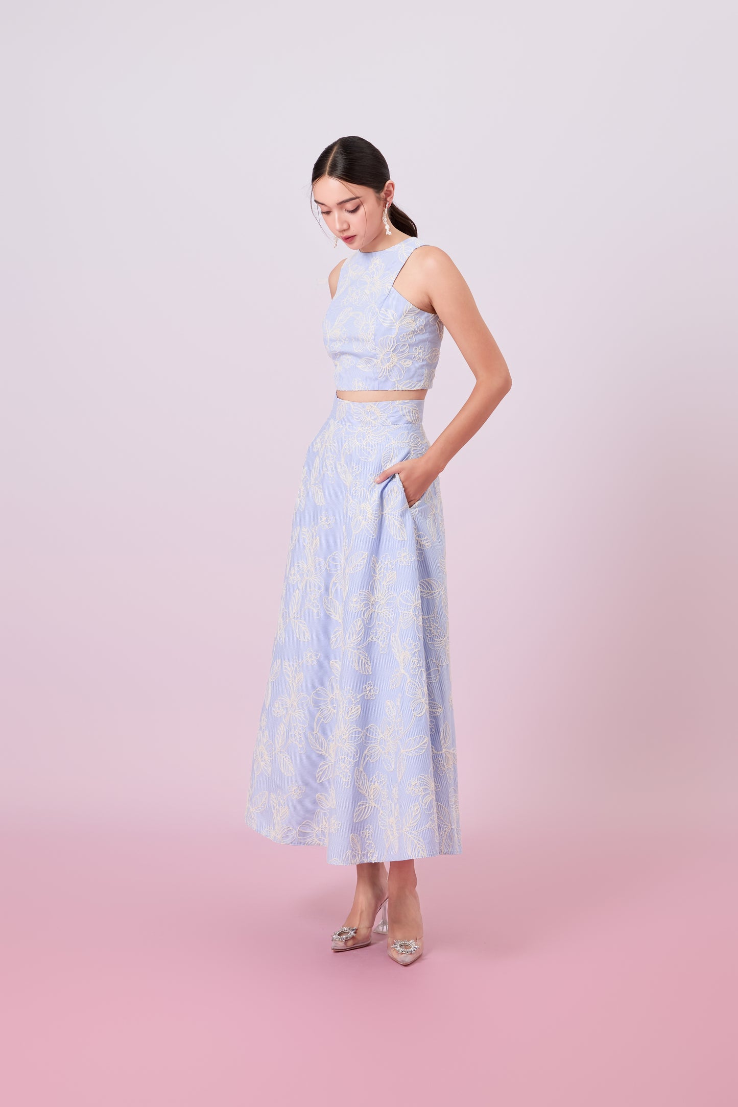 Geah Cream Floral Embroidery In Light Blue A-Line Skirt