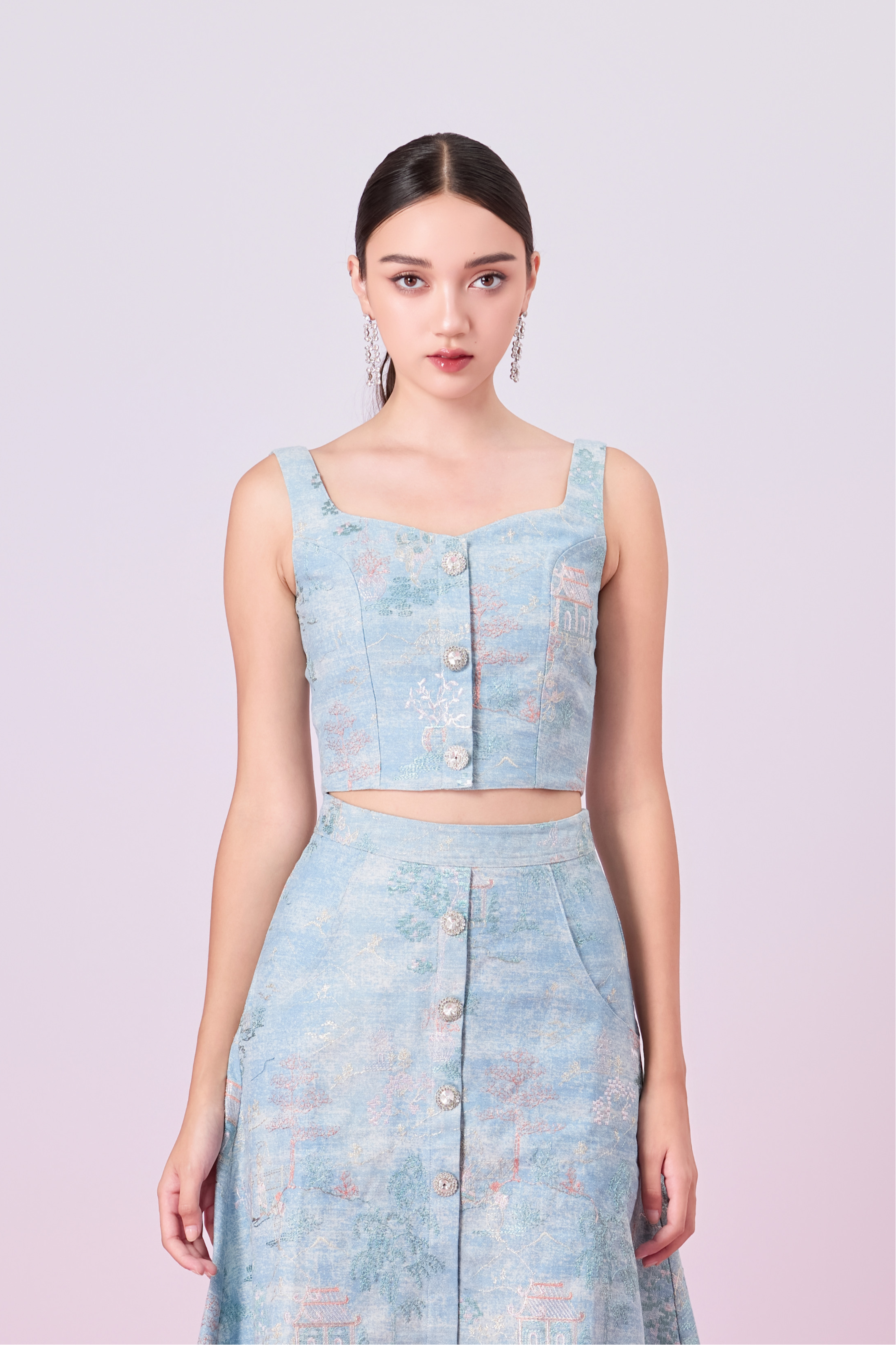 Jacquette Blue Denim Front Button Strap Top
