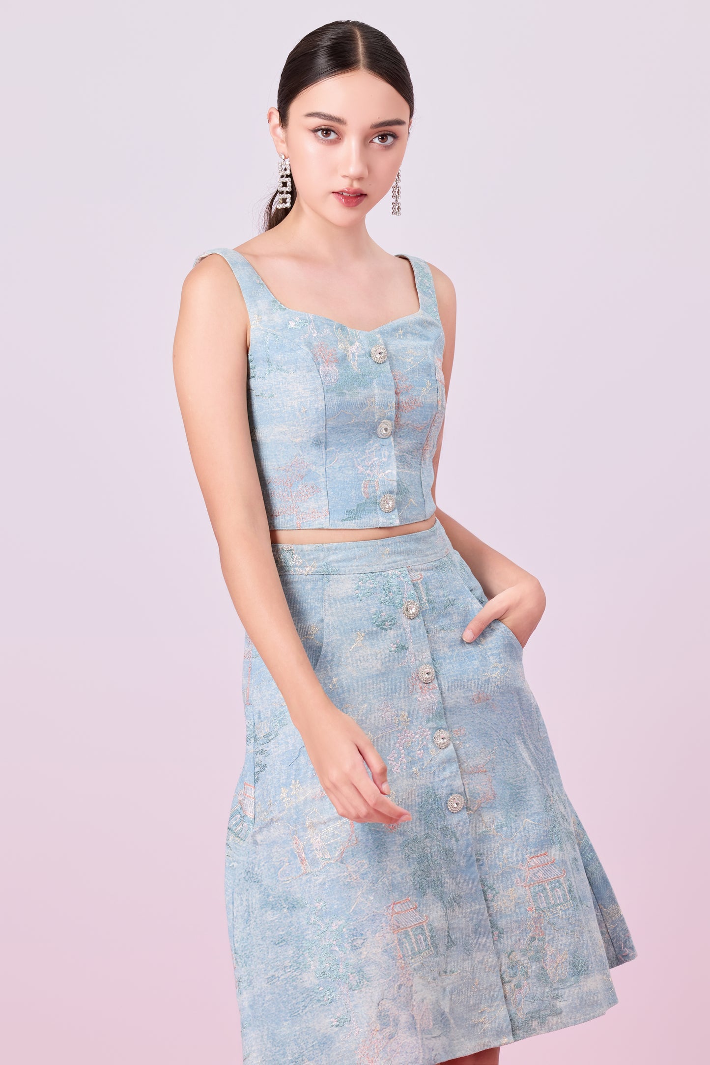 Jacquette Blue Denim Front Button A-Line Skirt