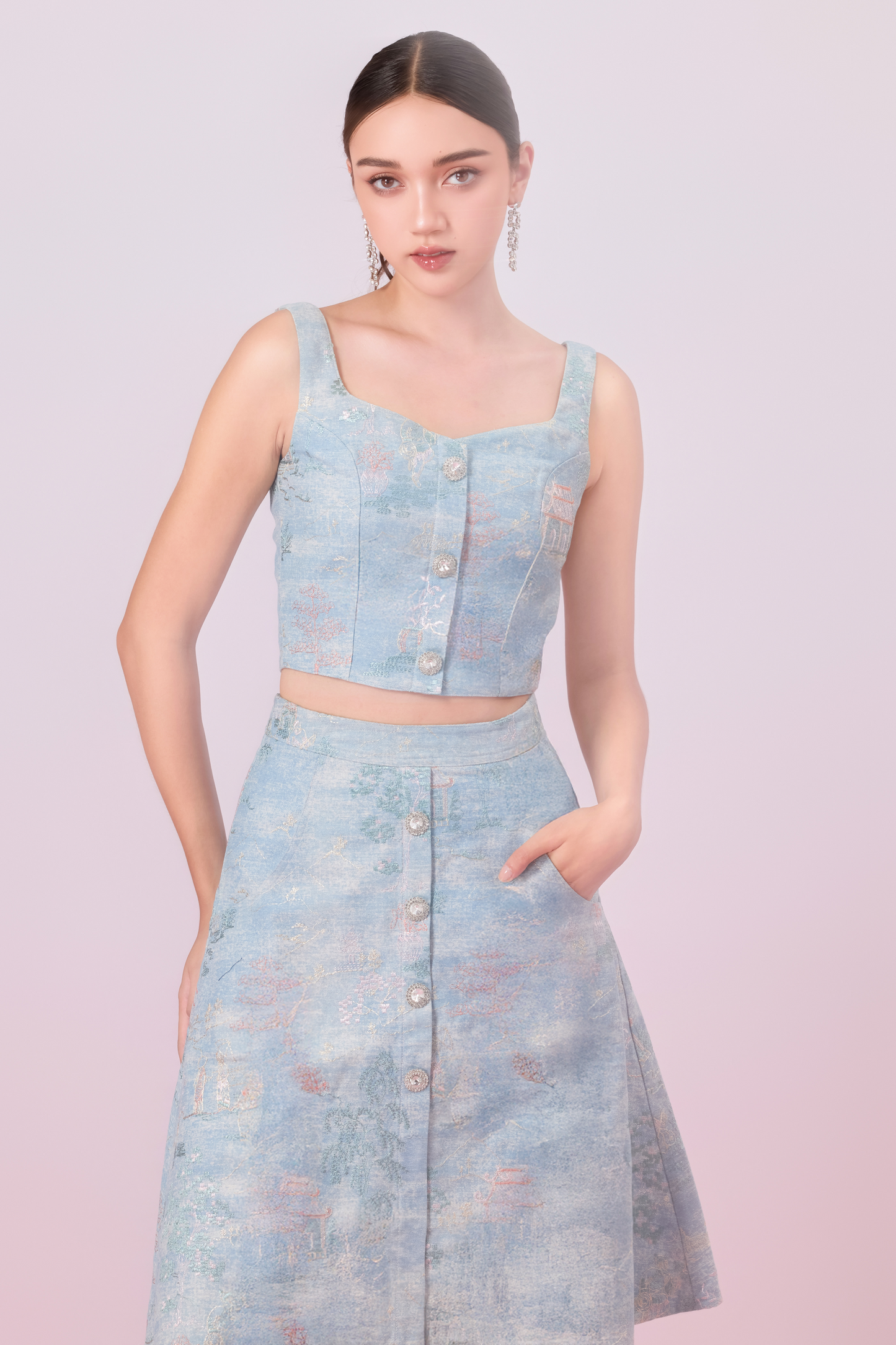 Jacquette Blue Denim Front Button Strap Top