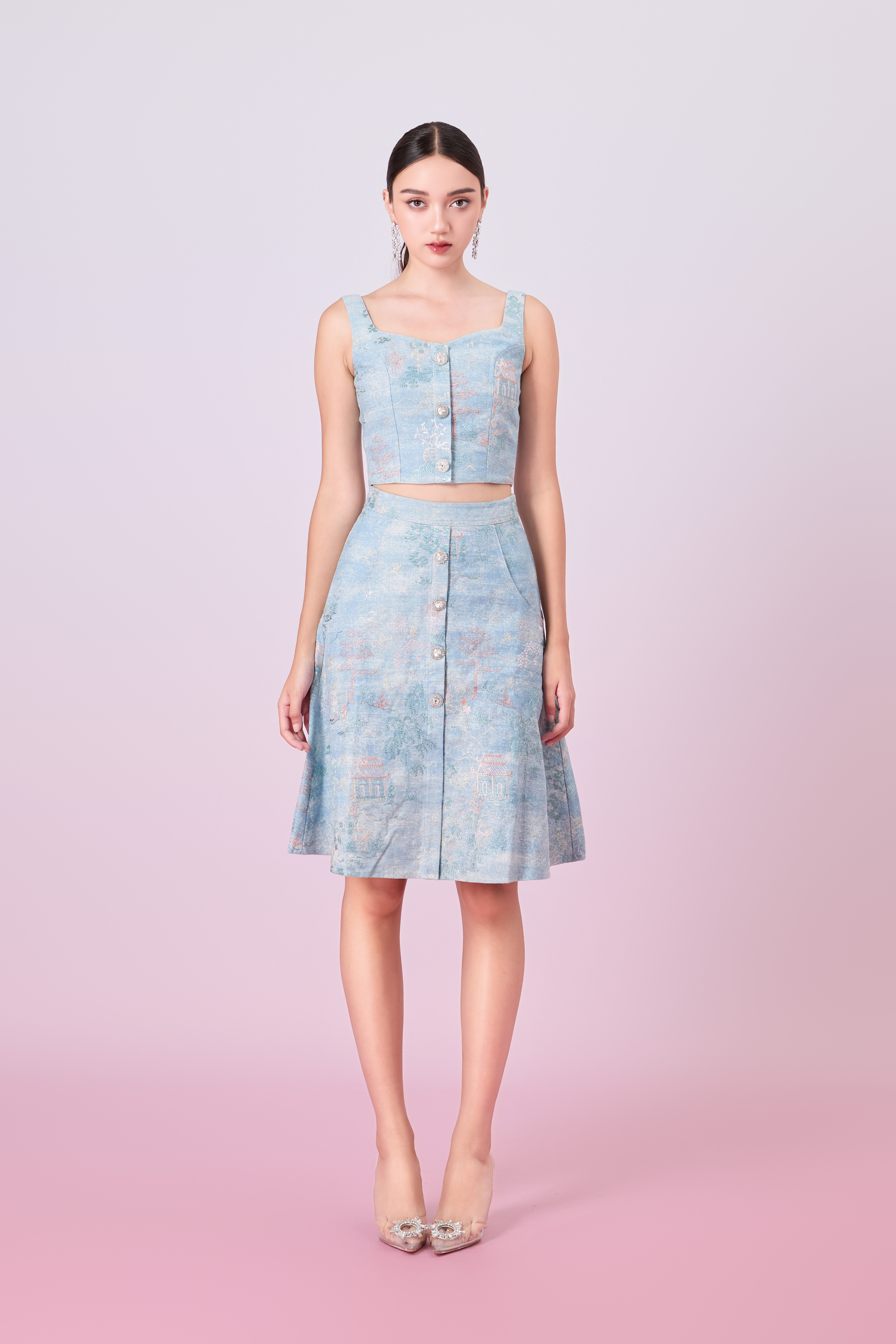 Jacquette Blue Denim Front Button A-Line Skirt