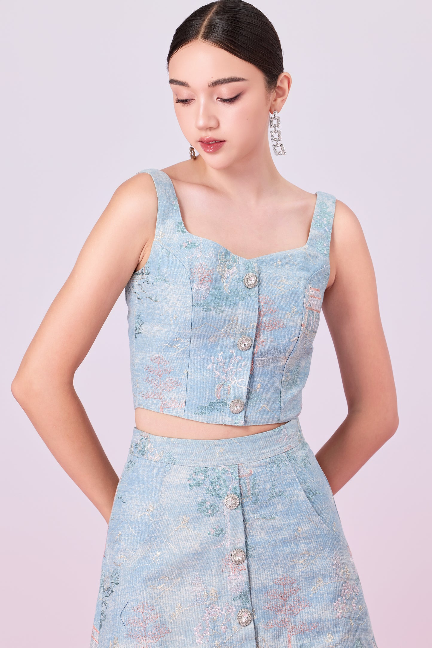 Jacquette Blue Denim Front Button Strap Top