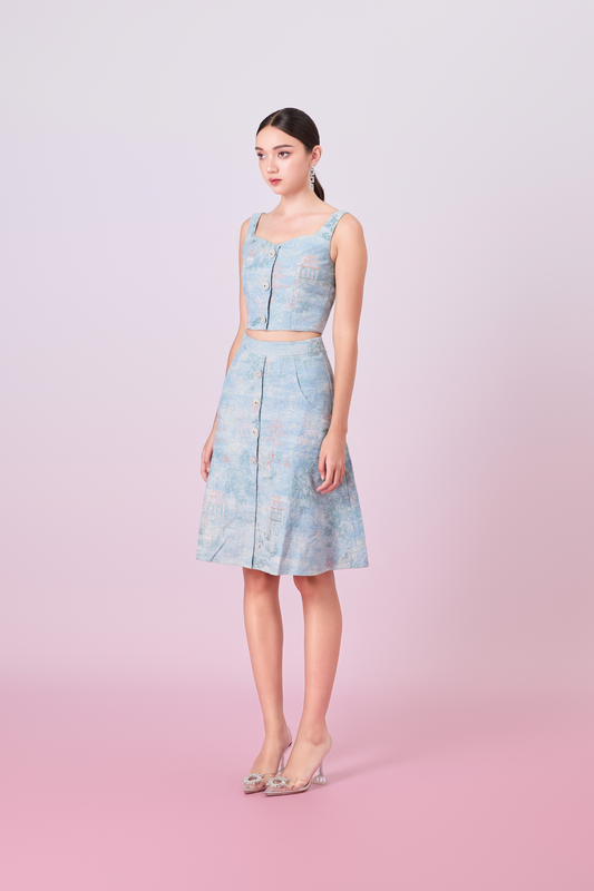 Jacquette Blue Denim Front Button A-Line Skirt