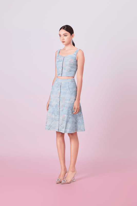 Jacquette Blue Denim Front Button A - Line Skirt - Nimisski