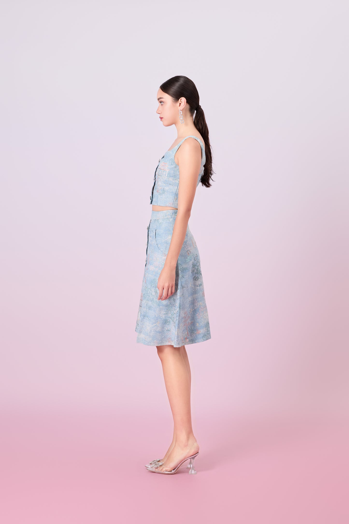 Jacquette Blue Denim Front Button A-Line Skirt